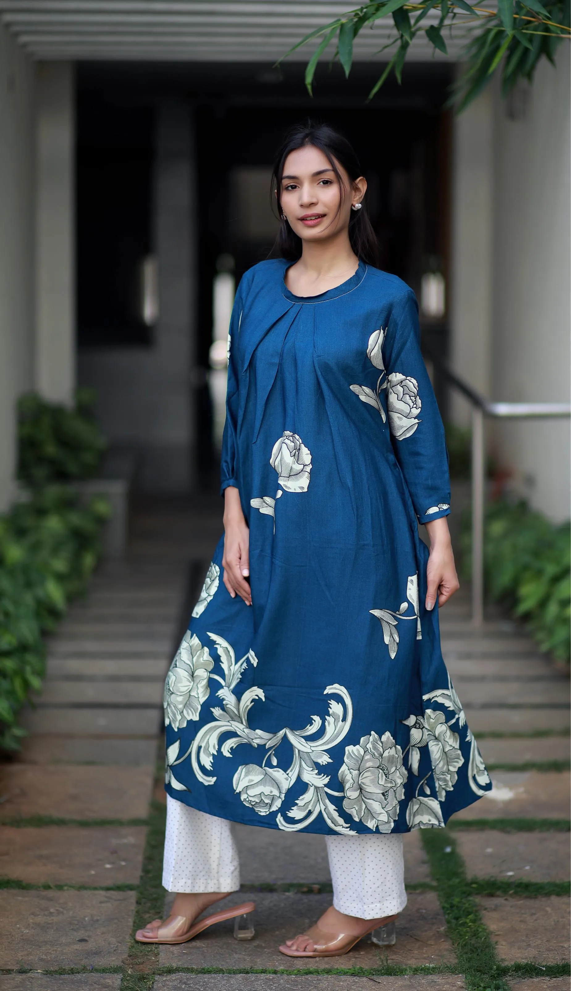 Regal Luxe Indigo Blue Round Neck Staple Silk One-piece With Pleats And Rose Print Kurta/ Dress