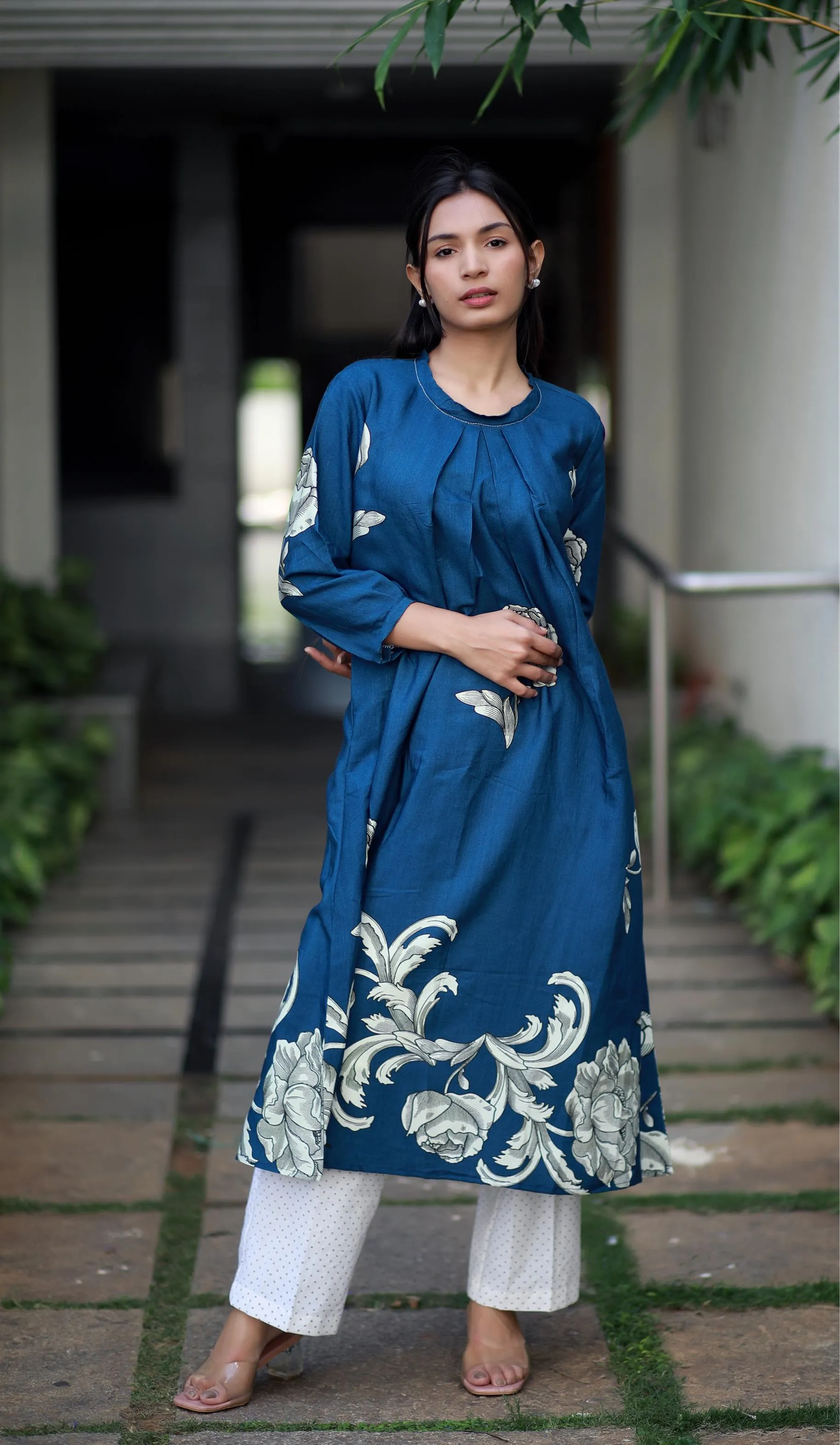 Regal Luxe Indigo Blue Round Neck Staple Silk One-piece With Pleats And Rose Print Kurta/ Dress