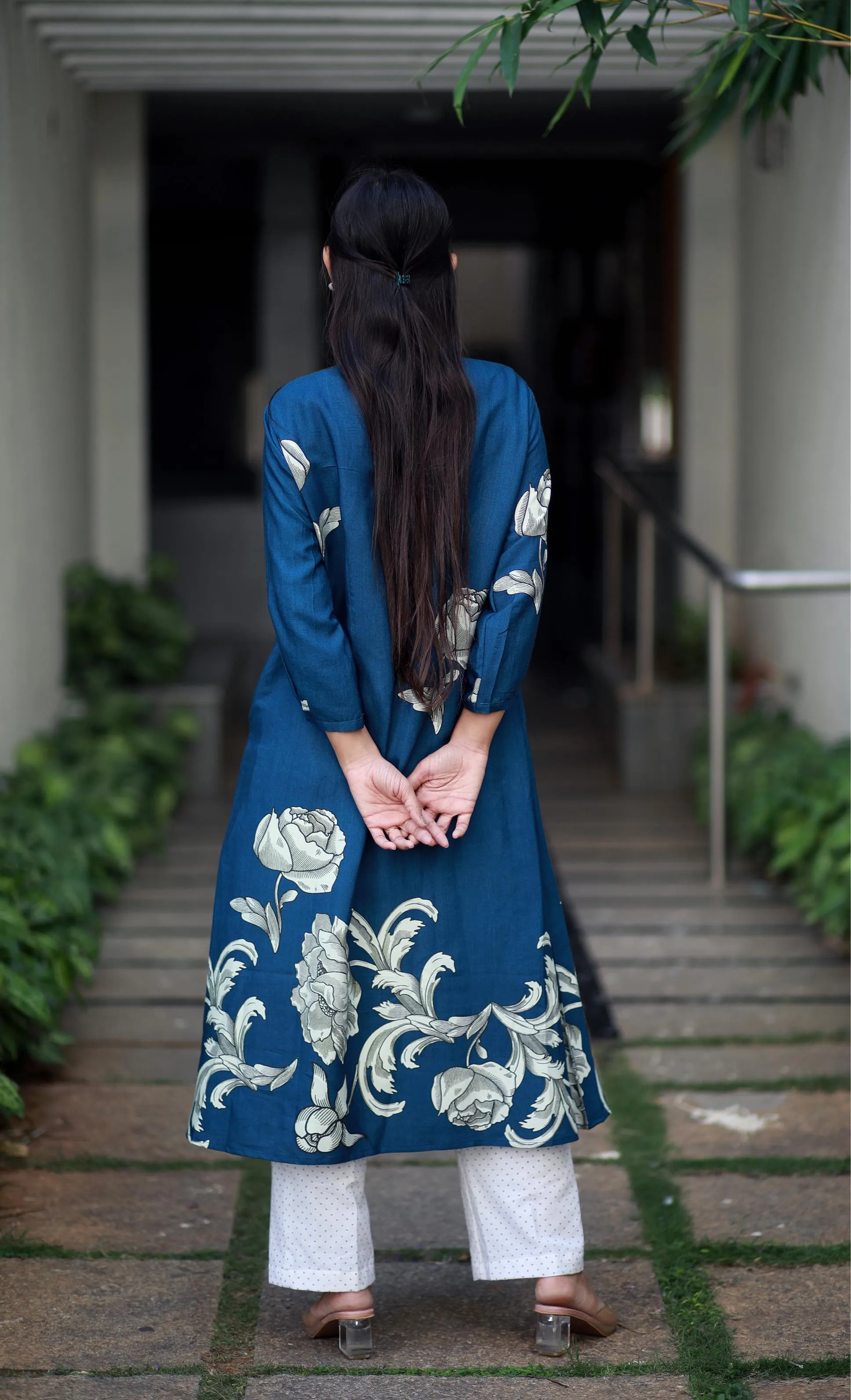Regal Luxe Indigo Blue Round Neck Staple Silk One-piece With Pleats And Rose Print Kurta/ Dress