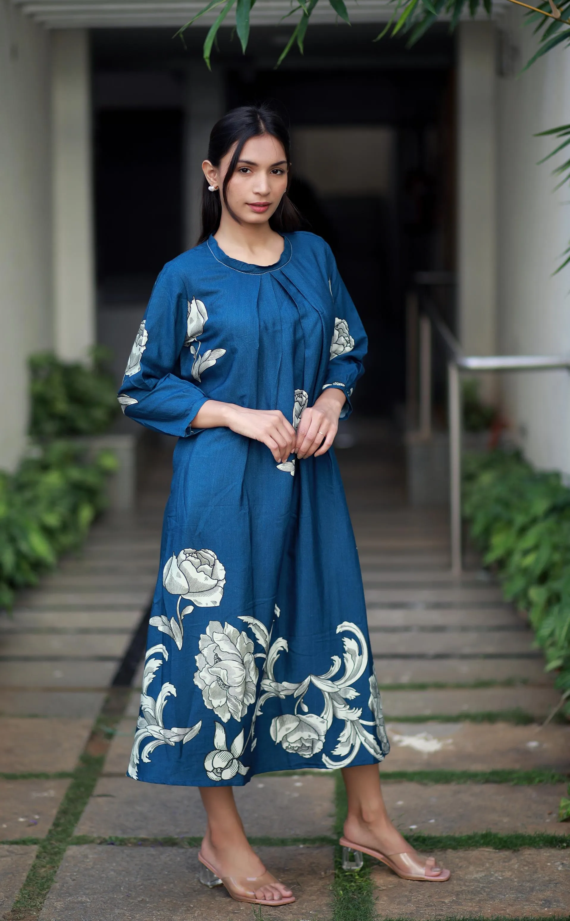 Regal Luxe Indigo Blue Round Neck Staple Silk One-piece With Pleats And Rose Print Kurta/ Dress
