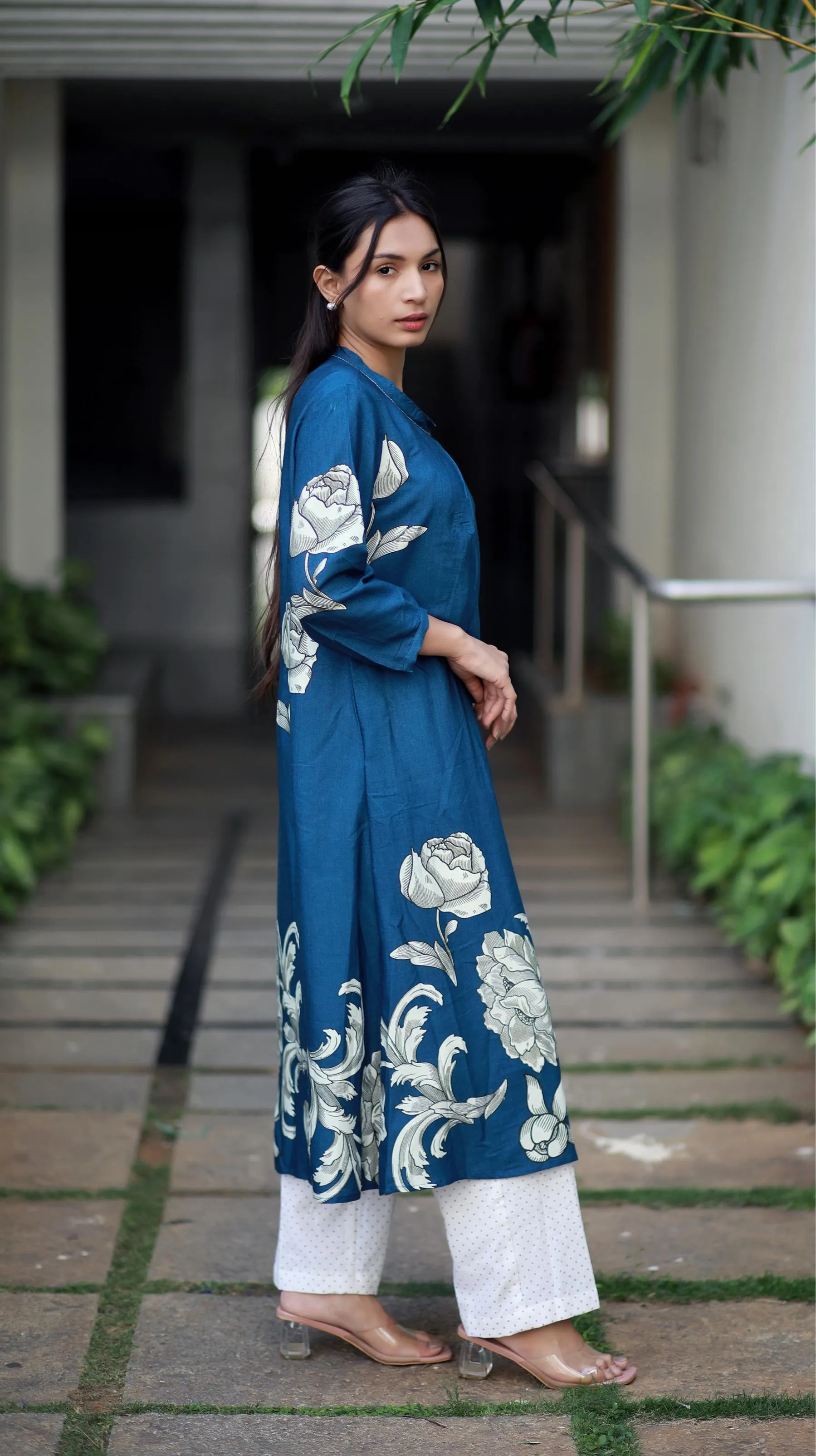 Regal Luxe Indigo Blue Round Neck Staple Silk One-piece With Pleats And Rose Print Kurta/ Dress
