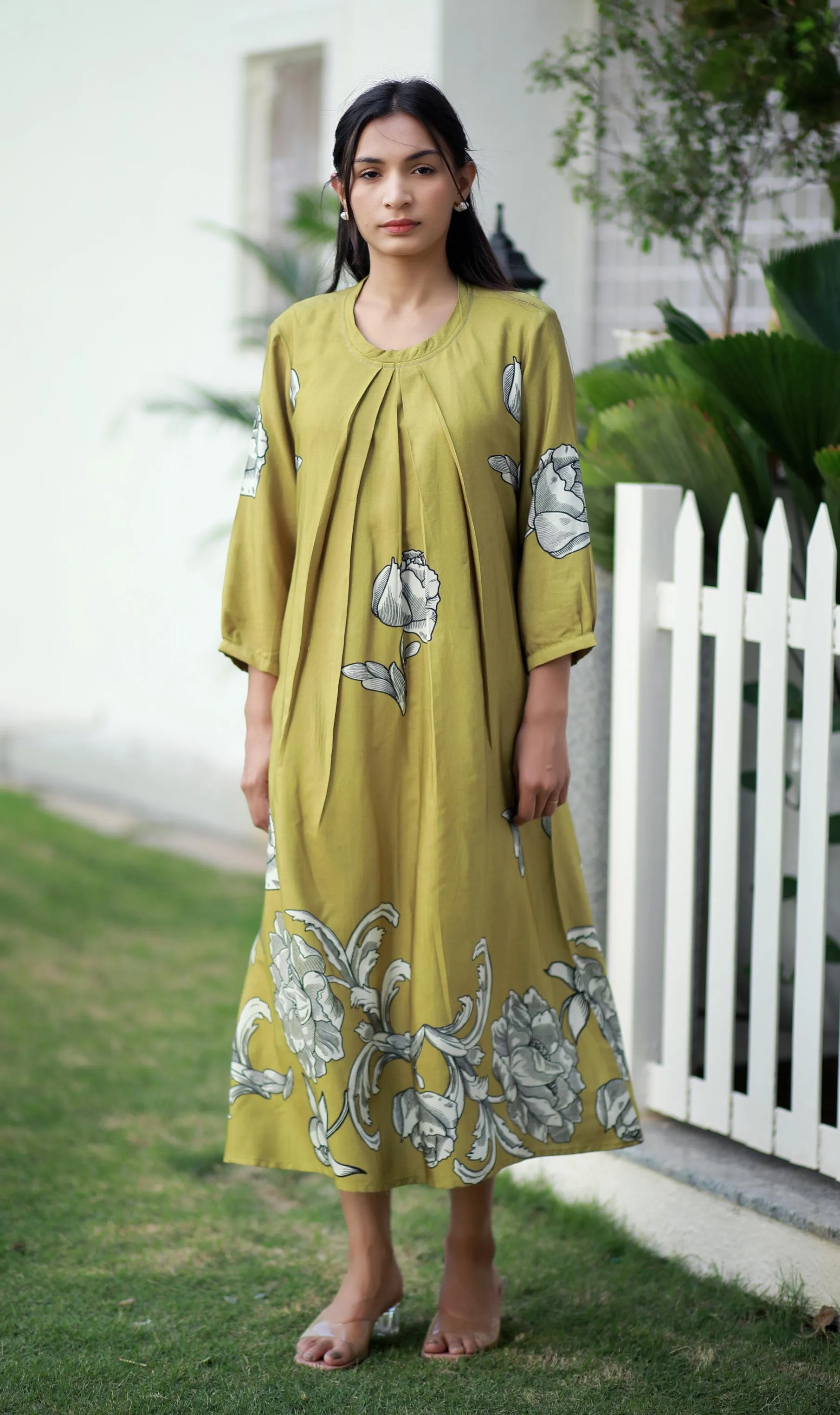 Regal Luxe Mustard Round Neck Staple Silk One-piece With Pleats And Rose Print Kurta/ Dress