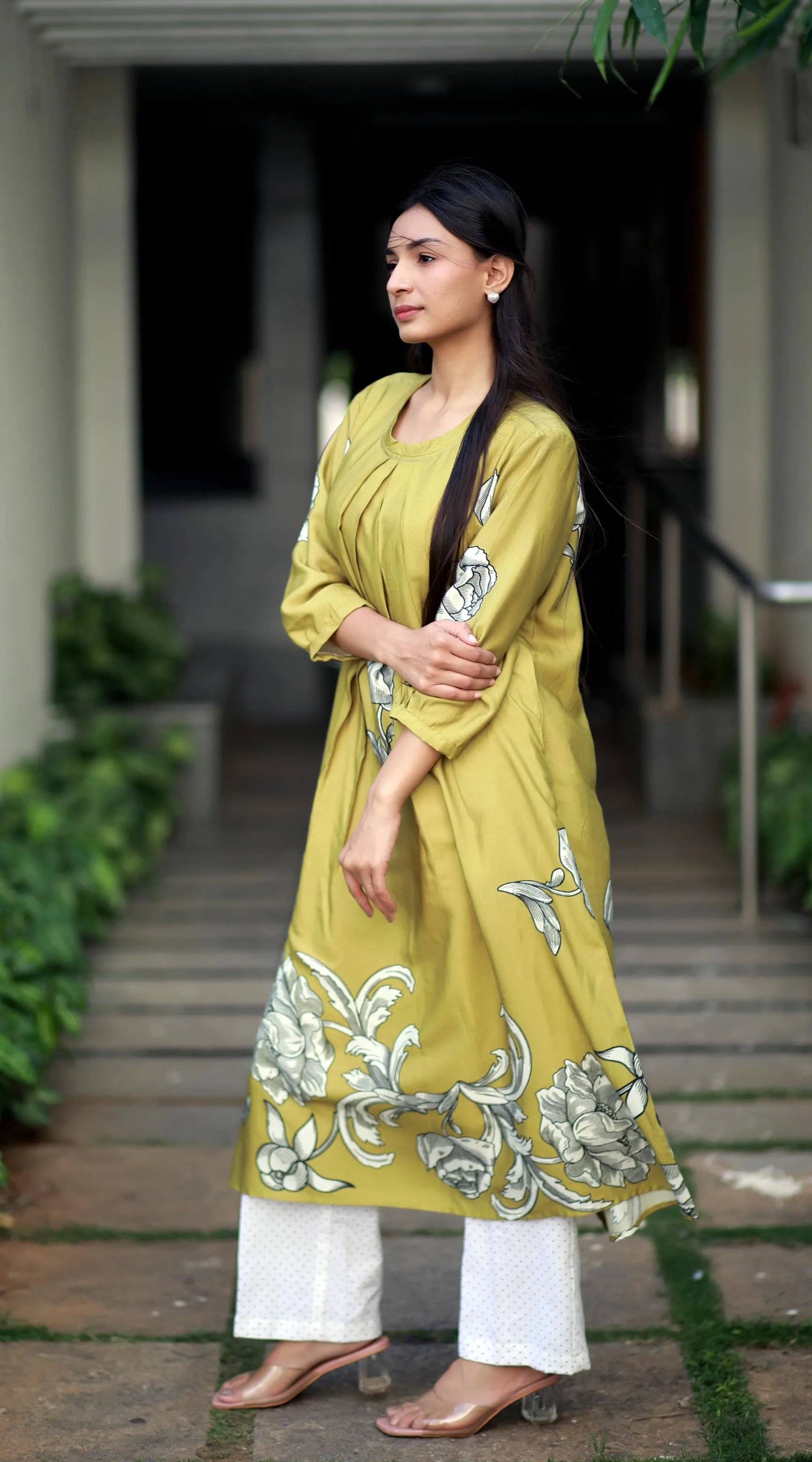 Regal Luxe Mustard Round Neck Staple Silk One-piece With Pleats And Rose Print Kurta/ Dress