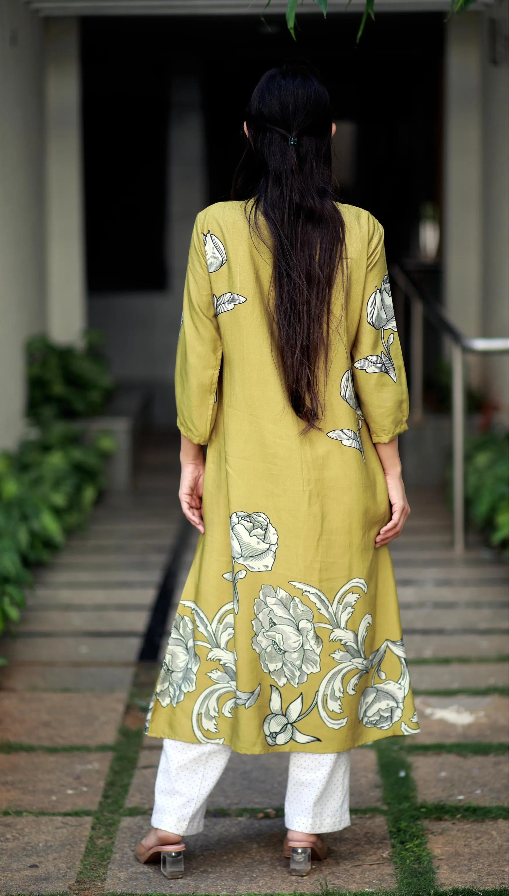 Regal Luxe Mustard Round Neck Staple Silk One-piece With Pleats And Rose Print Kurta/ Dress