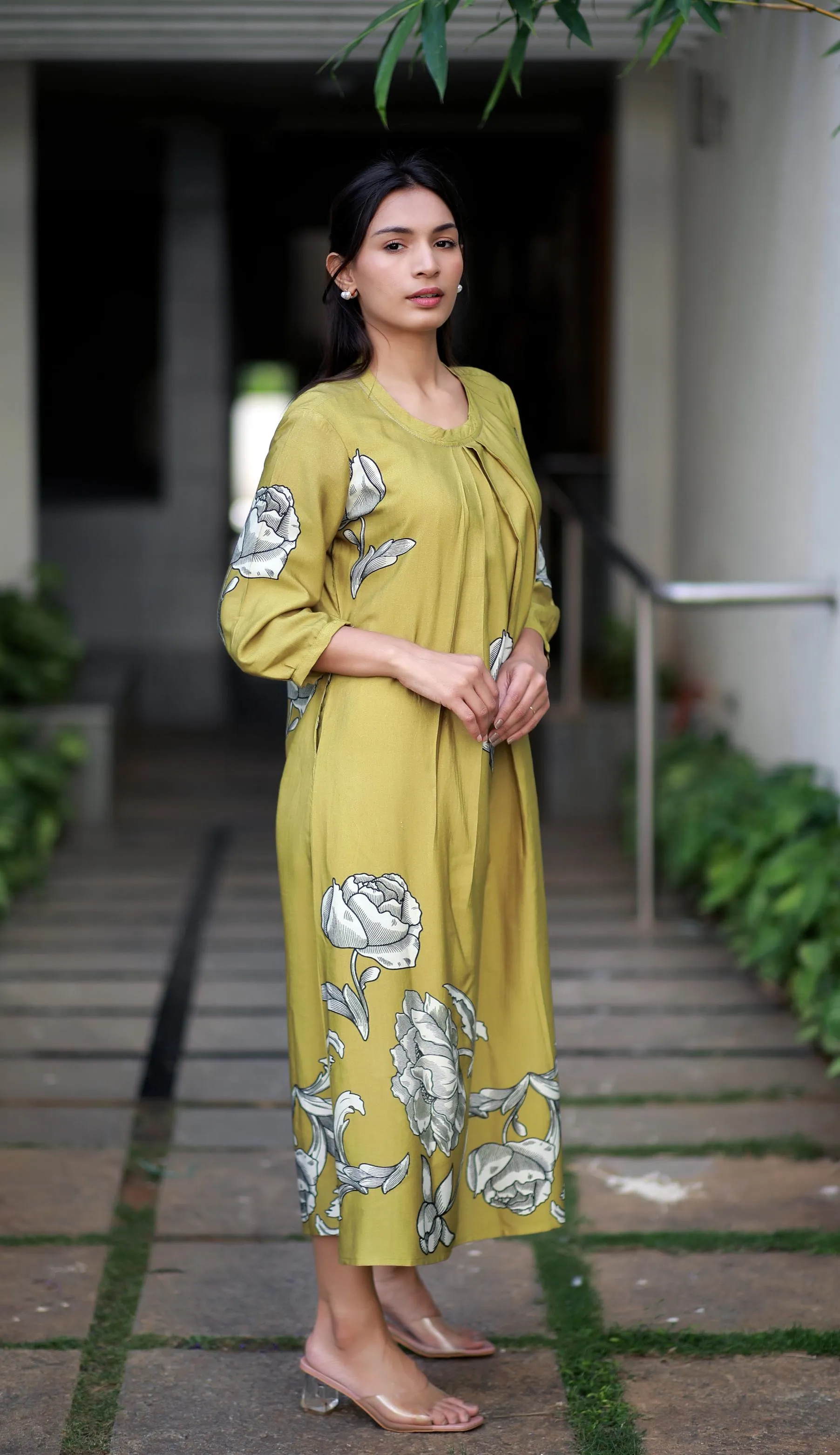 Regal Luxe Mustard Round Neck Staple Silk One-piece With Pleats And Rose Print Kurta/ Dress