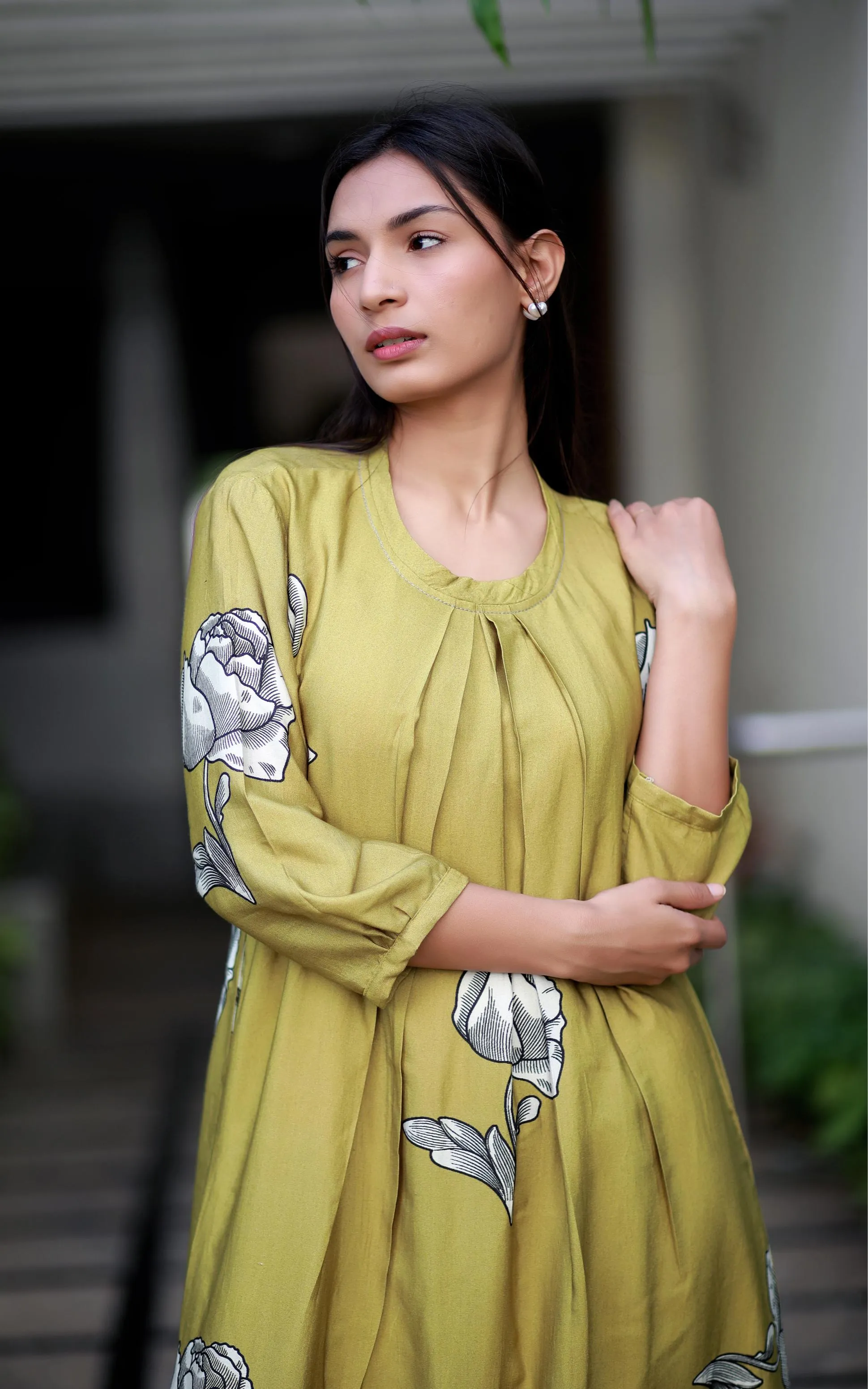 Regal Luxe Mustard Round Neck Staple Silk One-piece With Pleats And Rose Print Kurta/ Dress