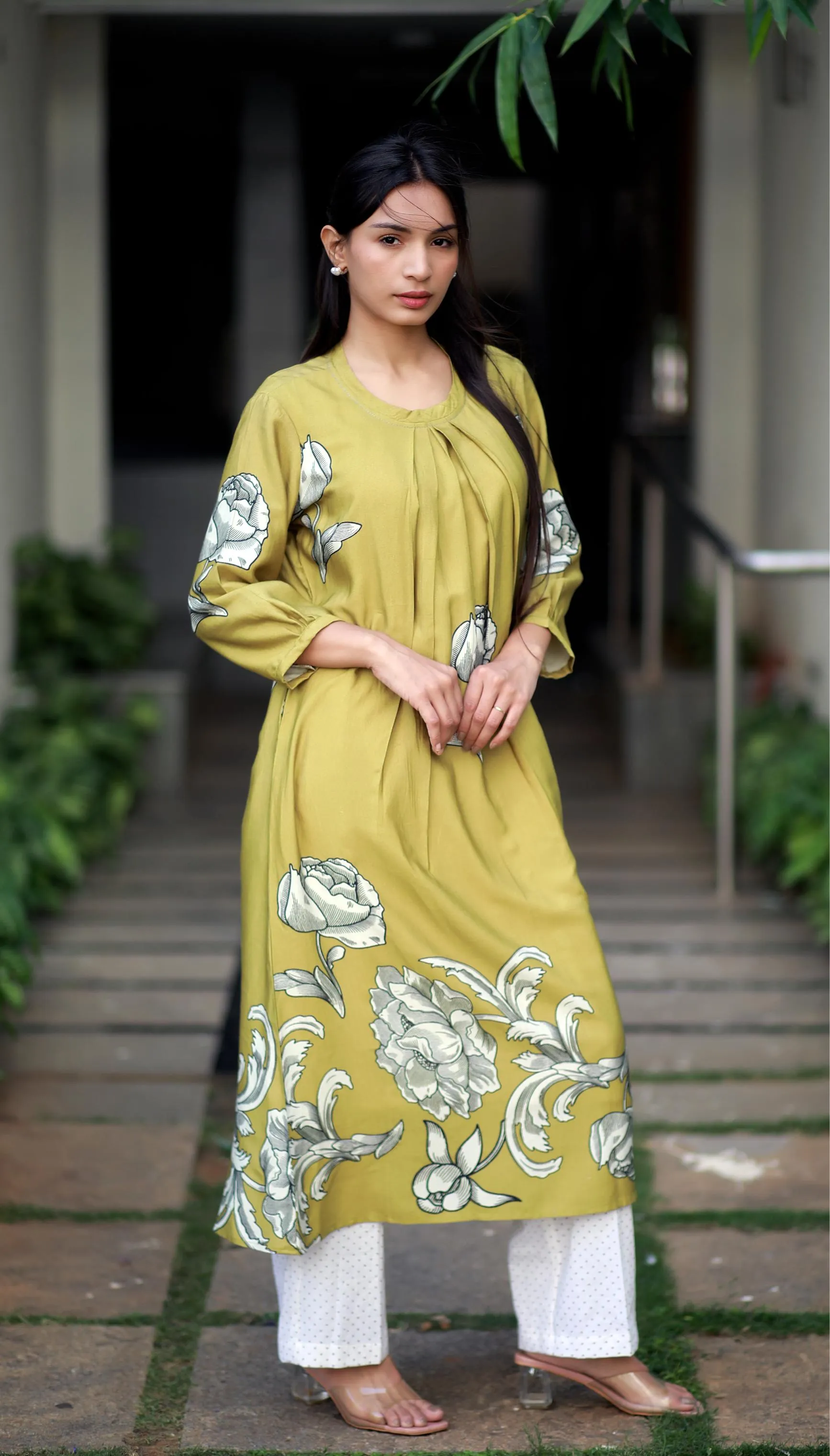 Regal Luxe Mustard Round Neck Staple Silk One-piece With Pleats And Rose Print Kurta/ Dress