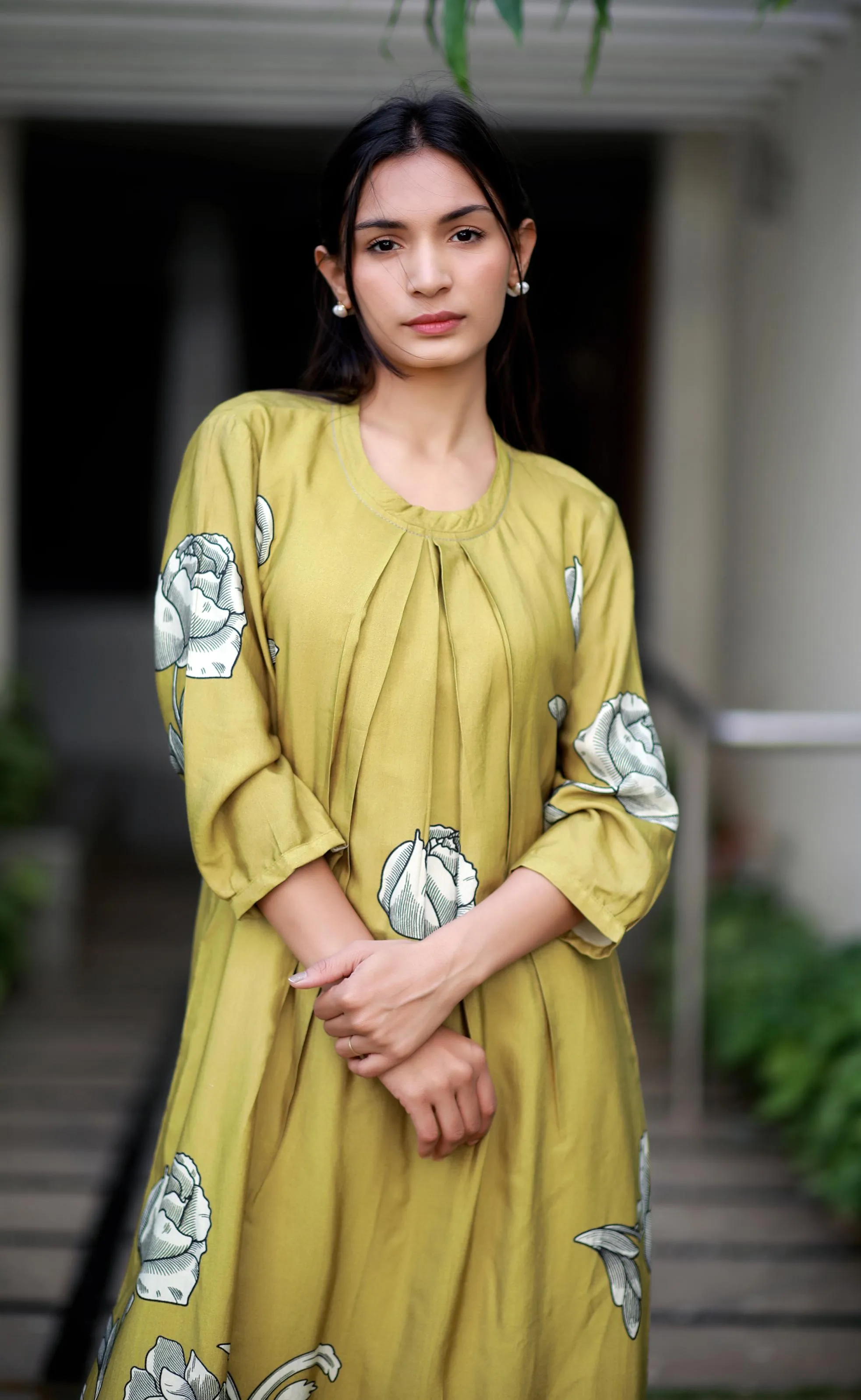 Regal Luxe Mustard Round Neck Staple Silk One-piece With Pleats And Rose Print Kurta/ Dress