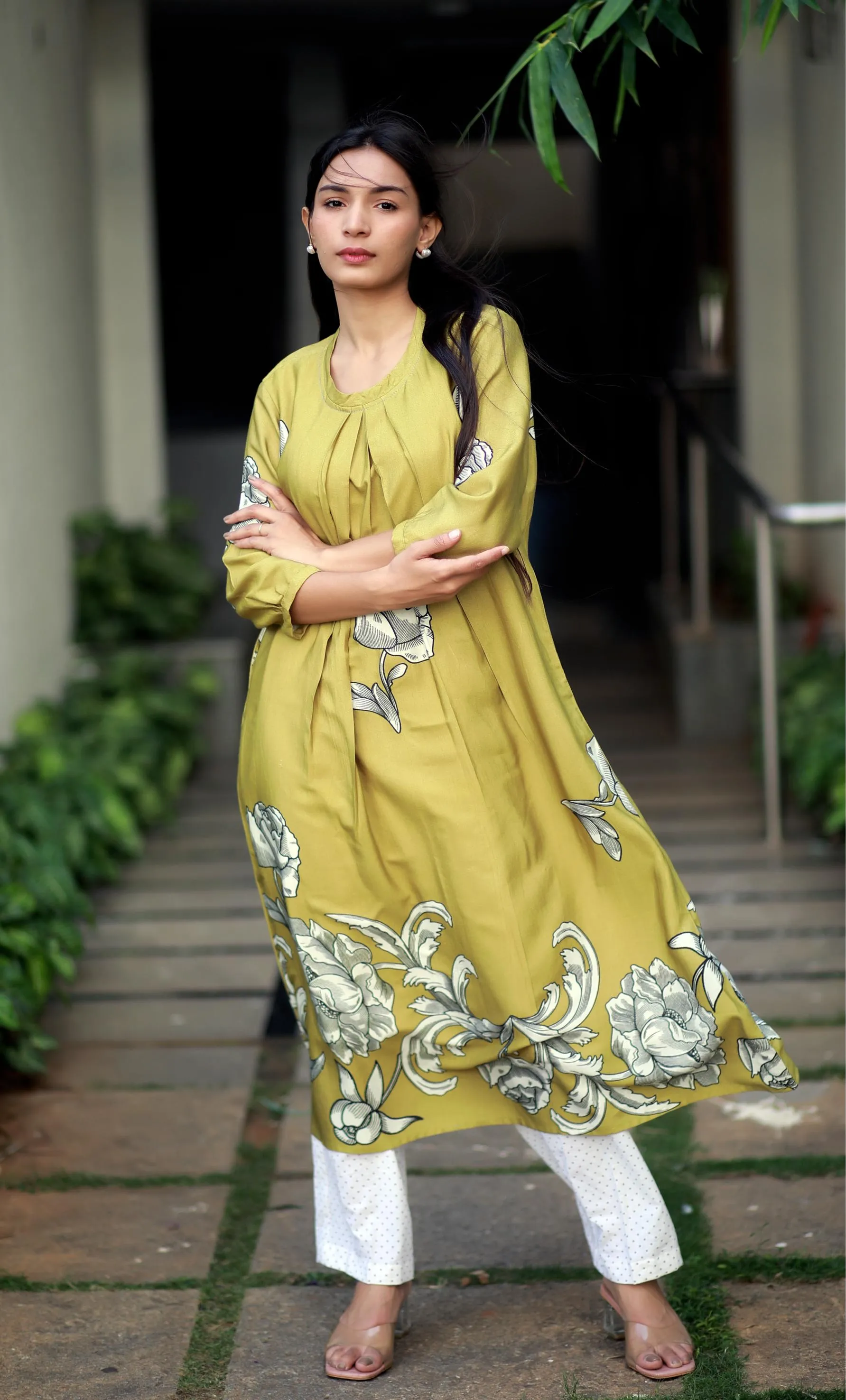Regal Luxe Mustard Round Neck Staple Silk One-piece With Pleats And Rose Print Kurta/ Dress