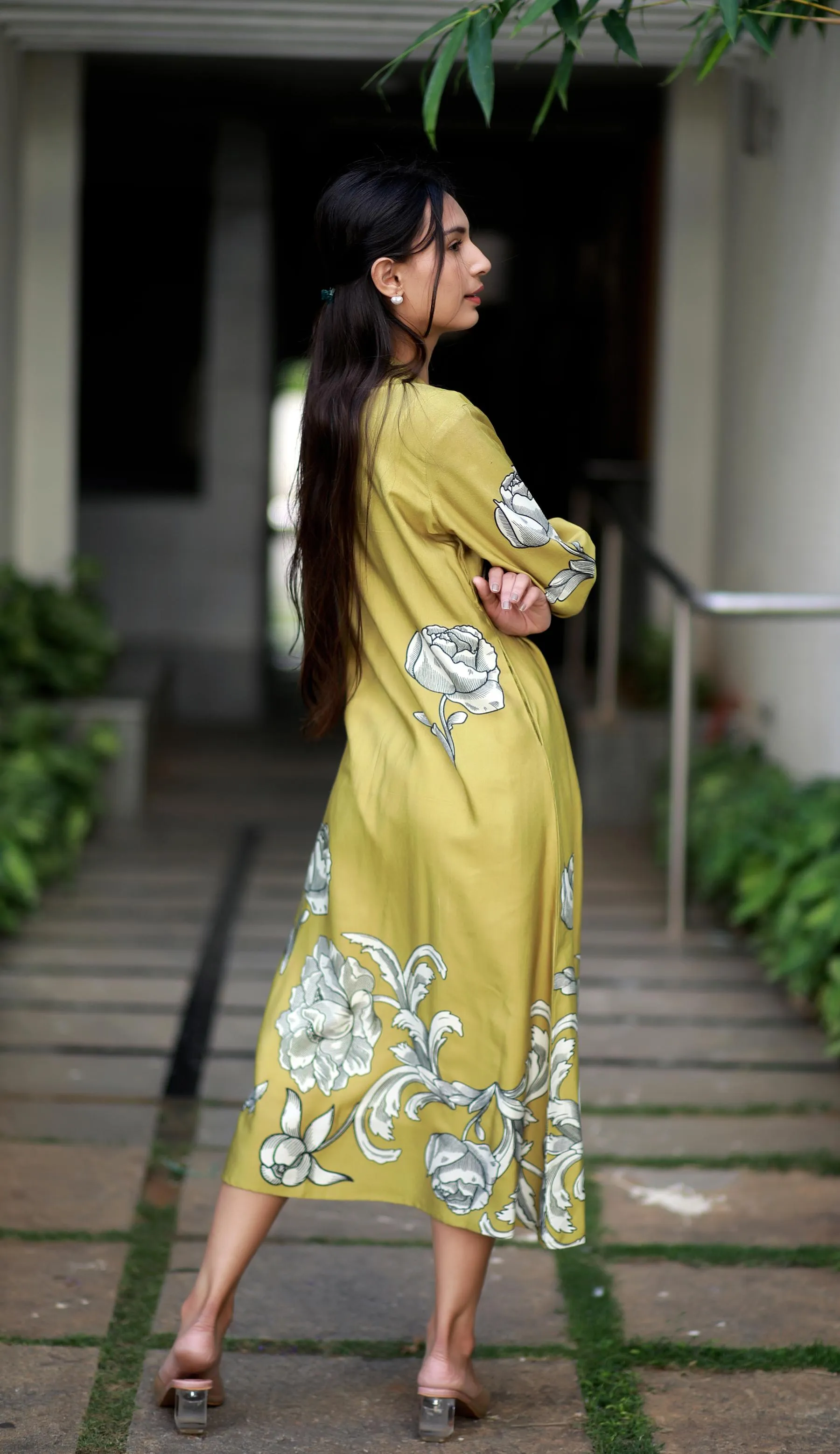 Regal Luxe Mustard Round Neck Staple Silk One-piece With Pleats And Rose Print Kurta/ Dress