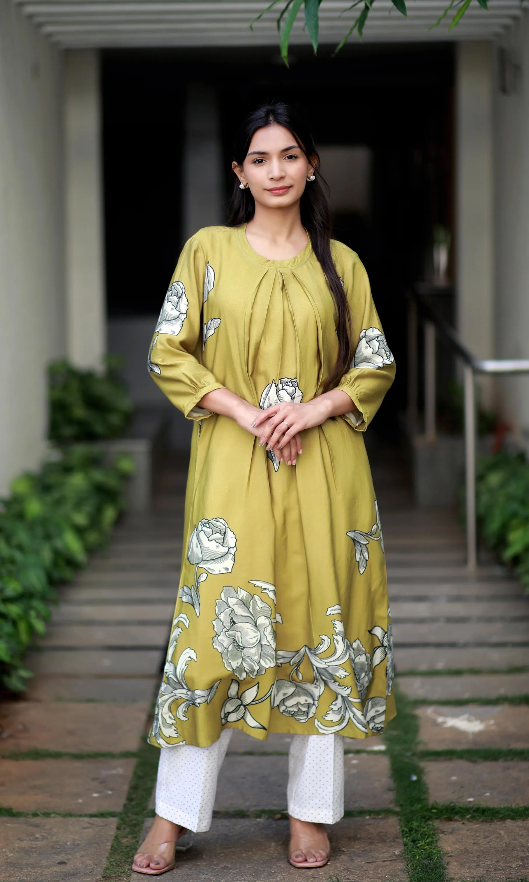 Regal Luxe Mustard Round Neck Staple Silk One-piece With Pleats And Rose Print Kurta/ Dress