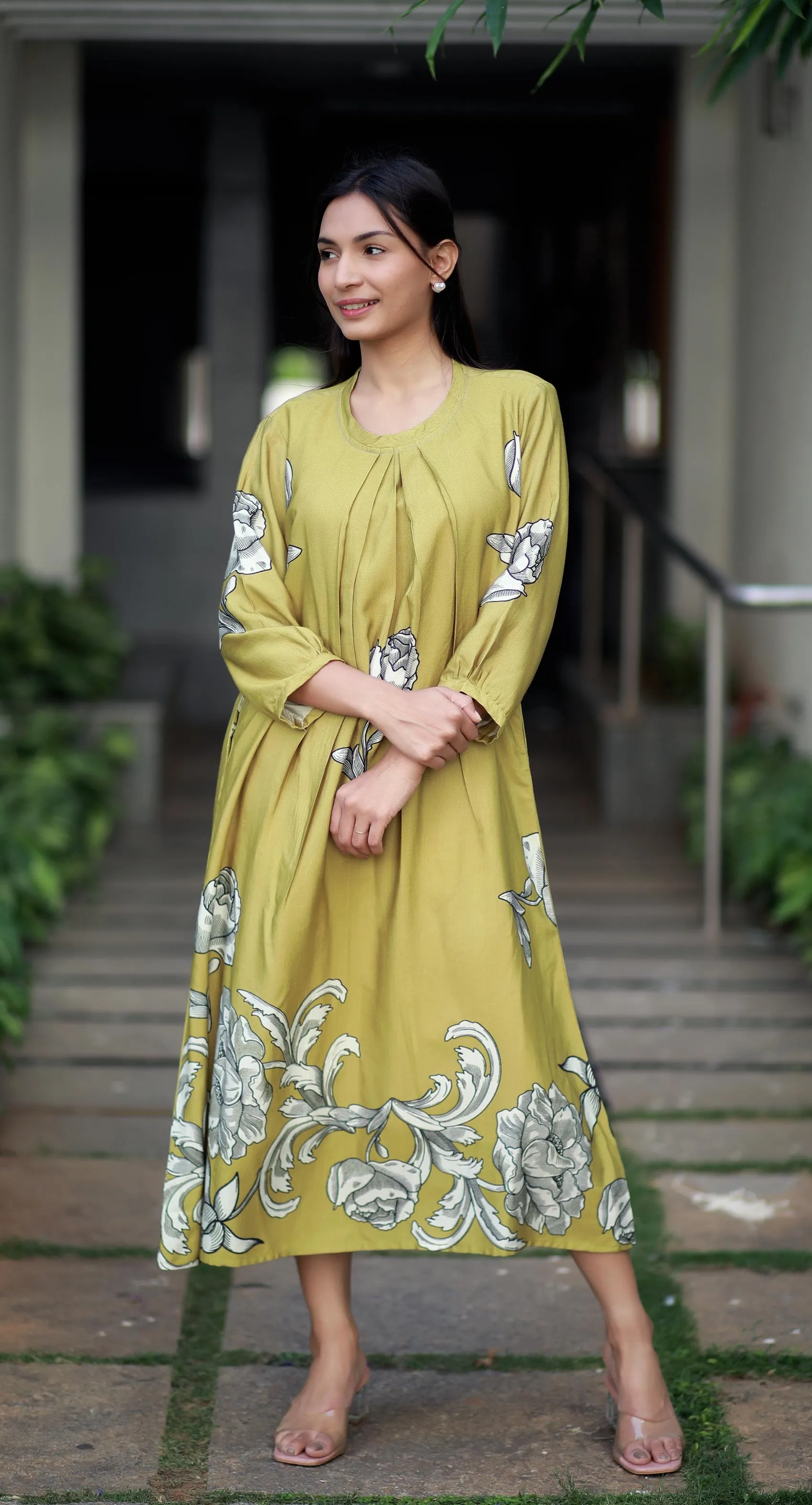 Regal Luxe Mustard Round Neck Staple Silk One-piece With Pleats And Rose Print Kurta/ Dress