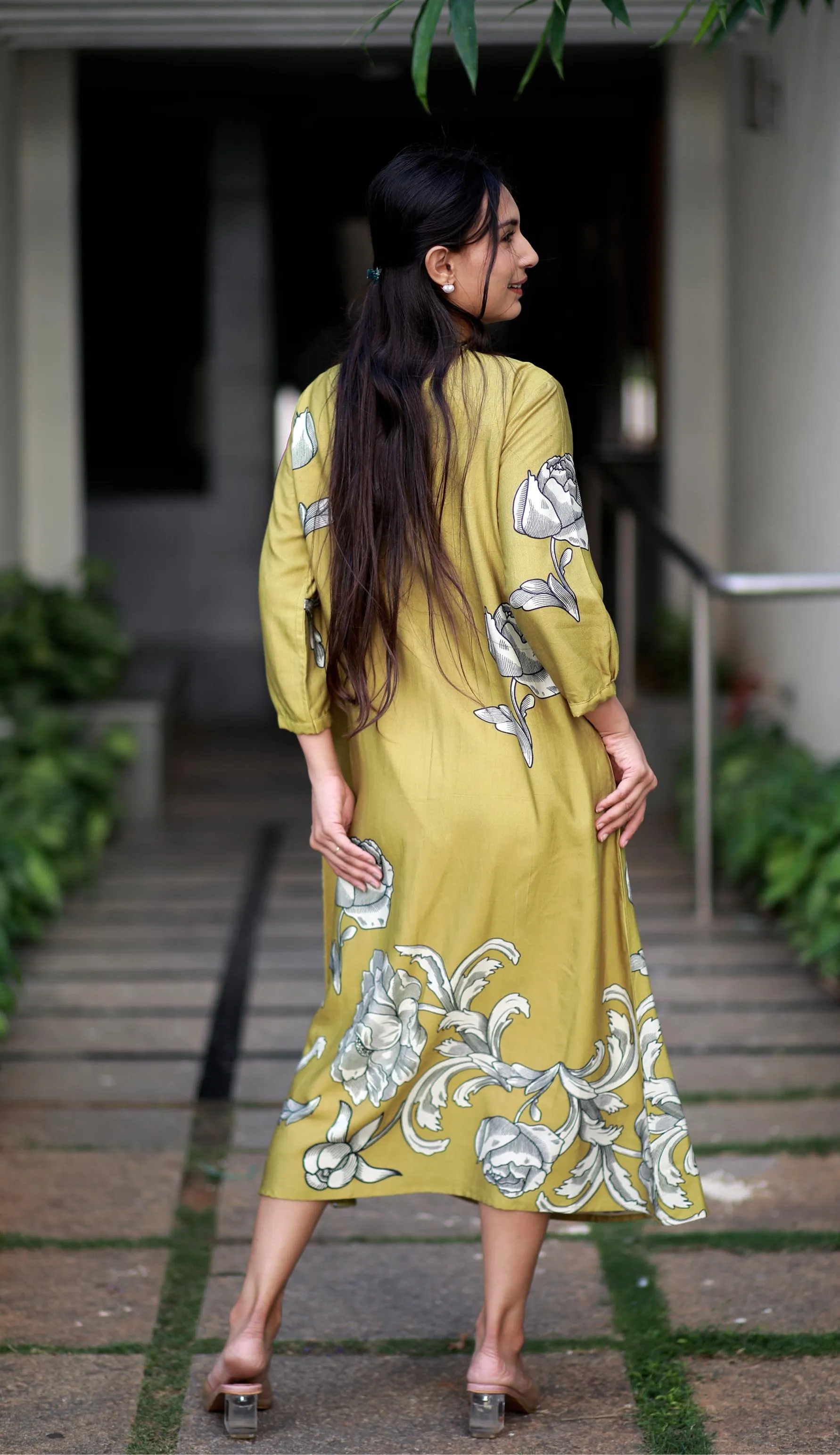 Regal Luxe Mustard Round Neck Staple Silk One-piece With Pleats And Rose Print Kurta/ Dress