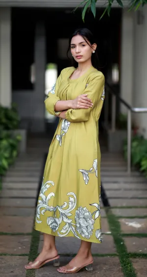 Regal Luxe Mustard Round Neck Staple Silk One-piece With Pleats And Rose Print Kurta/ Dress