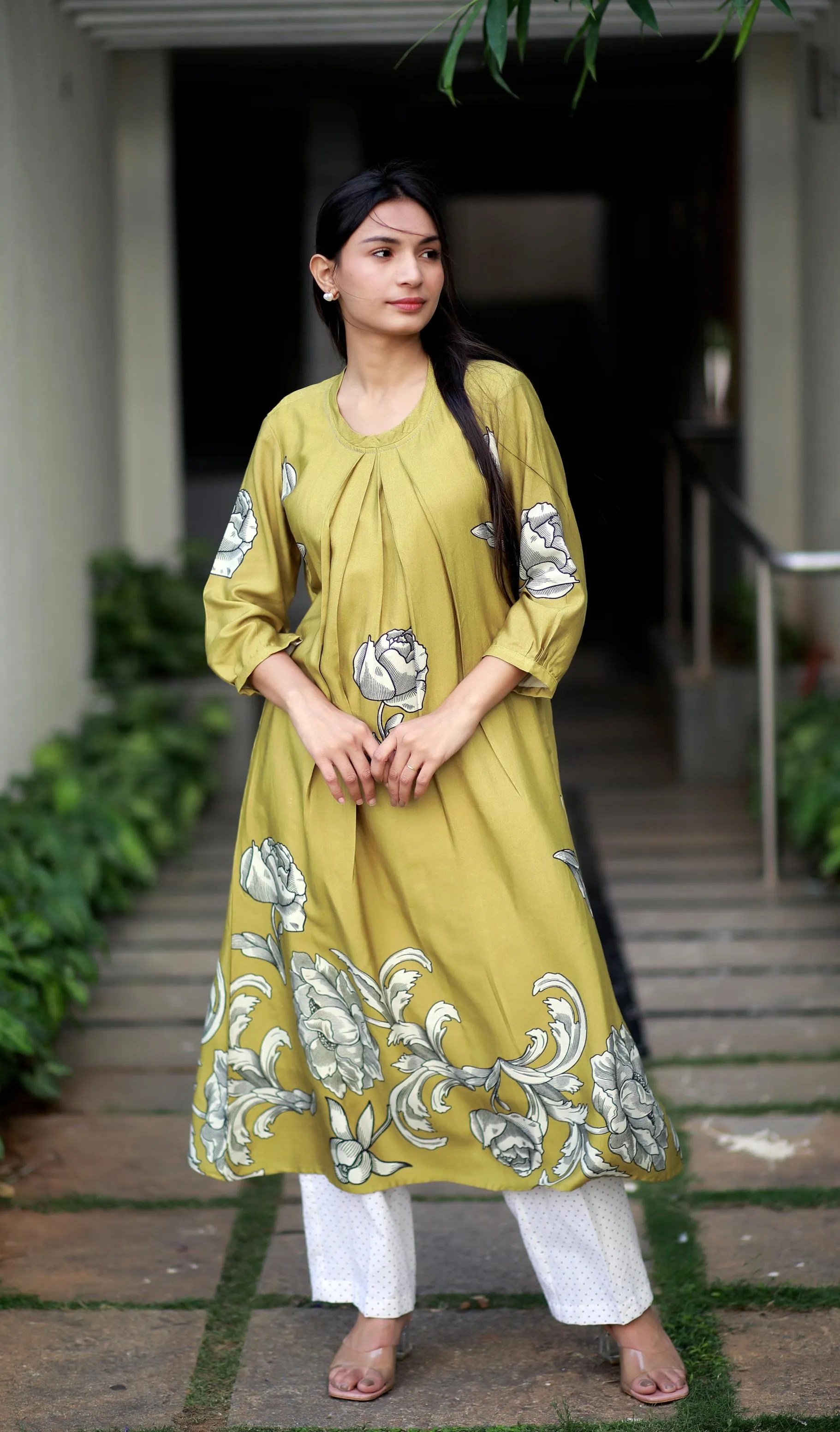 Regal Luxe Mustard Round Neck Staple Silk One-piece With Pleats And Rose Print Kurta/ Dress