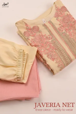 RTW-191-Skin - 3Pc Ready to Wear 3Pc Javeria Net Embroidered  Dress