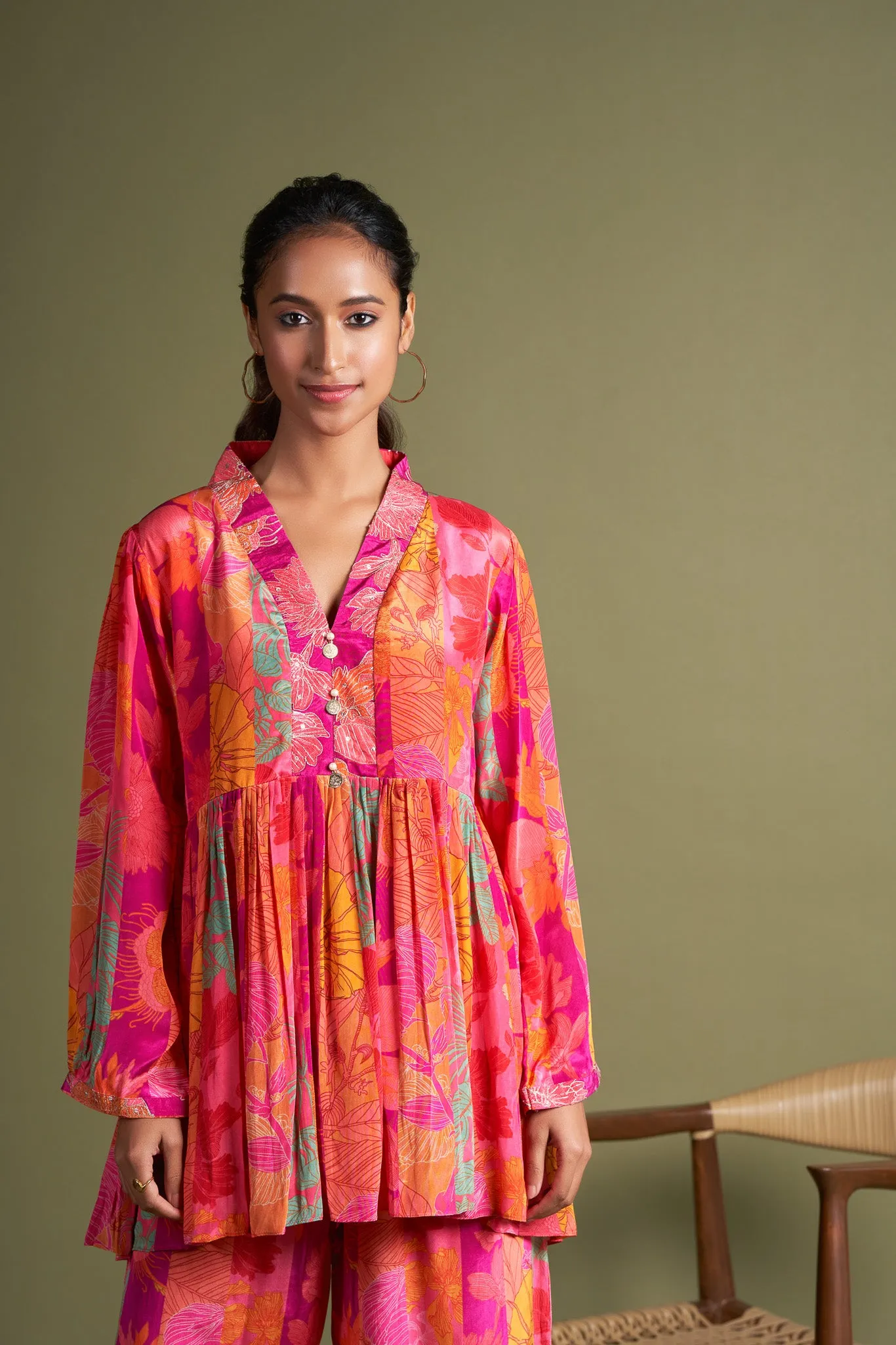 Ruby Pink Printed Crepe Embroidered Co-Ord Set