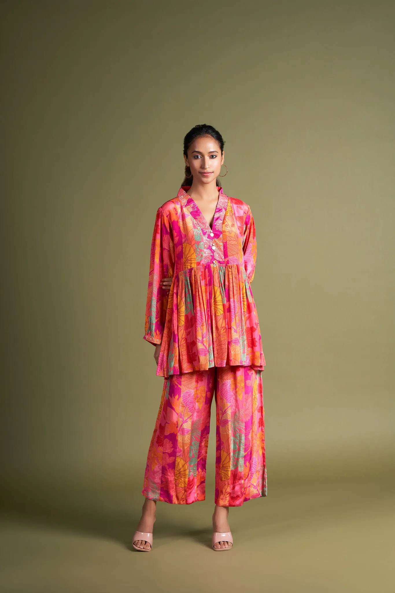 Ruby Pink Printed Crepe Embroidered Co-Ord Set