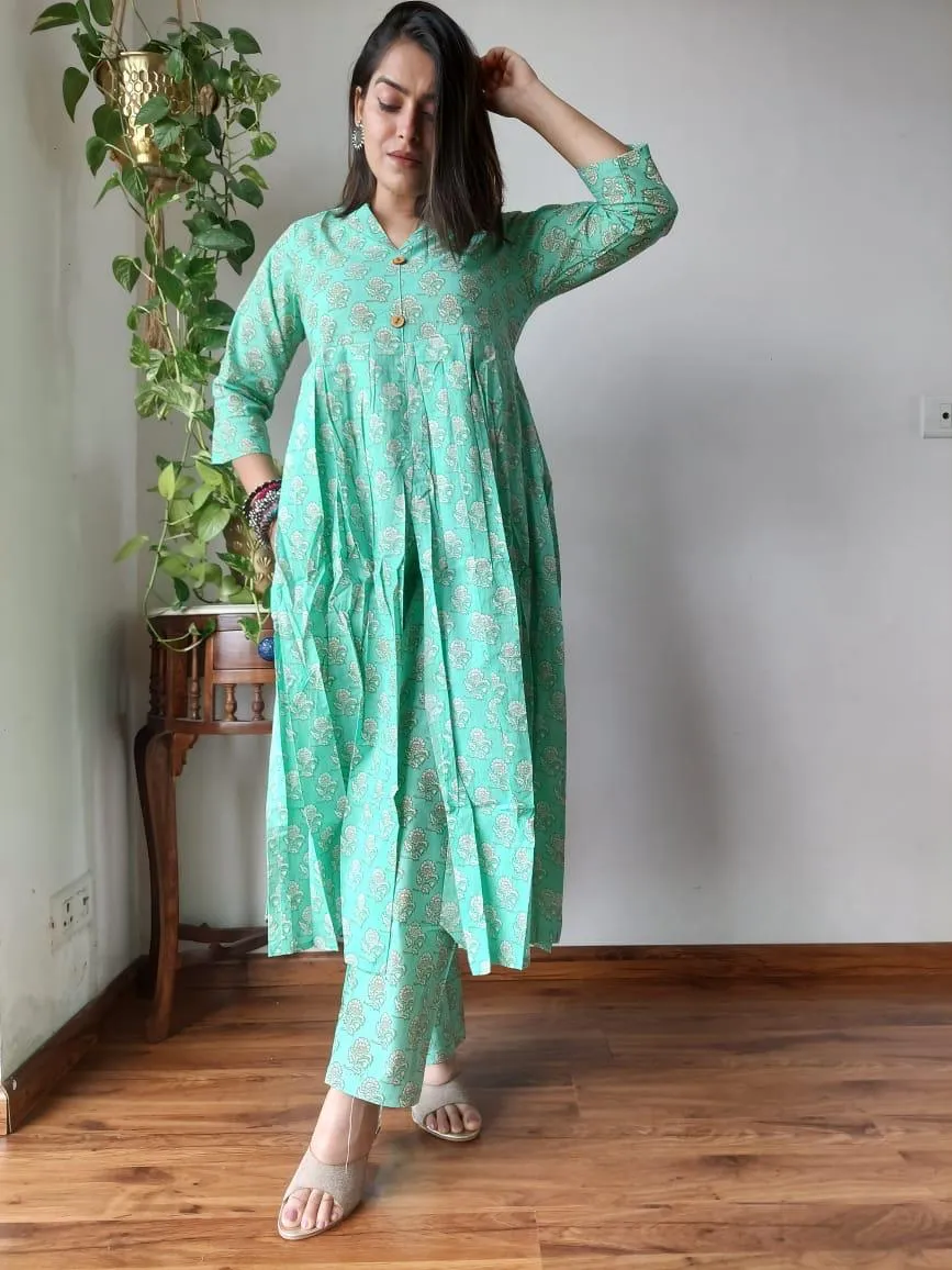 Sea Blue Floral Bagru Print Naira Cut Office Suit Set