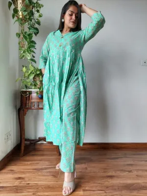Sea Blue Floral Bagru Print Naira Cut Office Suit Set