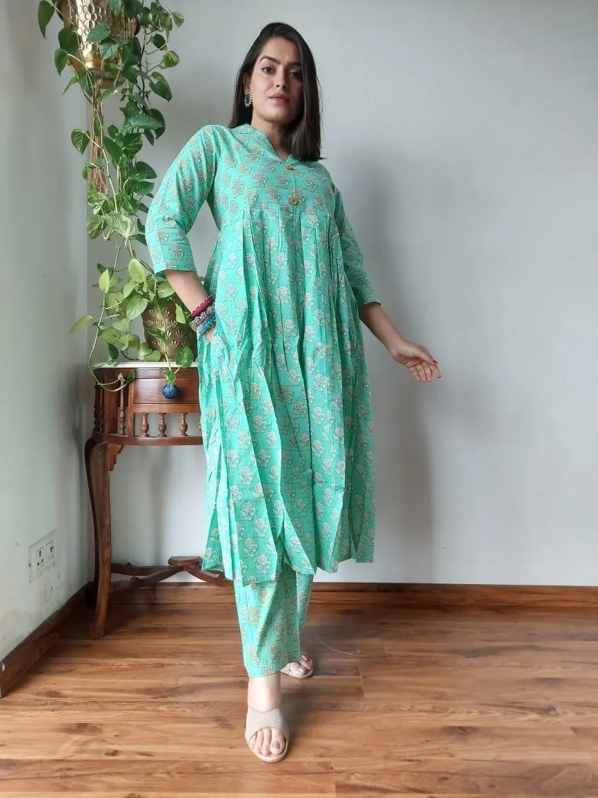 Sea Blue Floral Bagru Print Naira Cut Office Suit Set
