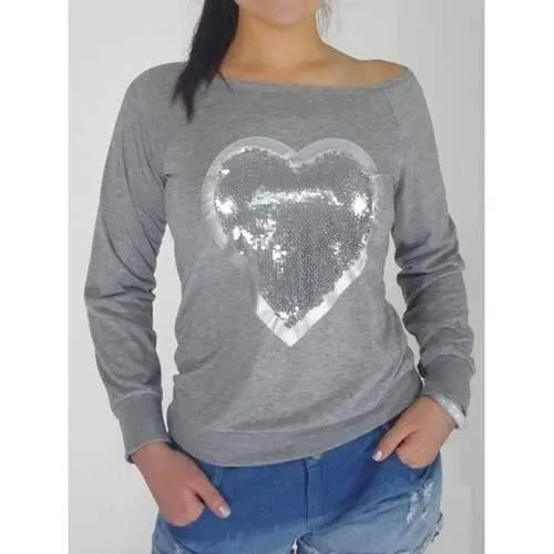 Sequin Embellished Heart Pattern Sweatshirt - Gray Xl