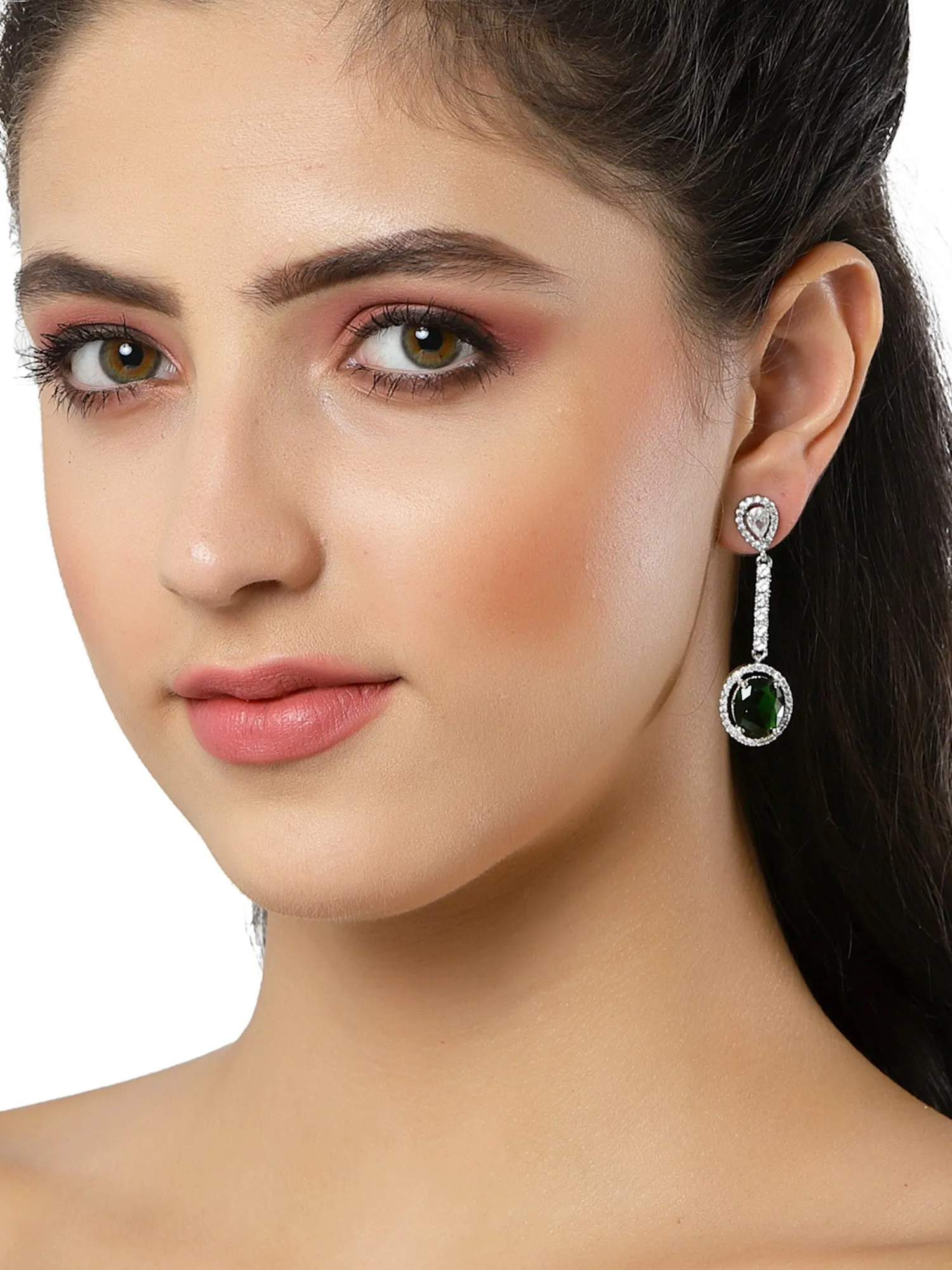 Silver Tone Green American Diamond Drop Earrings for Women