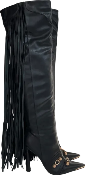 Simmi London Gethin Black Fringe Studded Knee High Boots UK 9 EU 42 👠