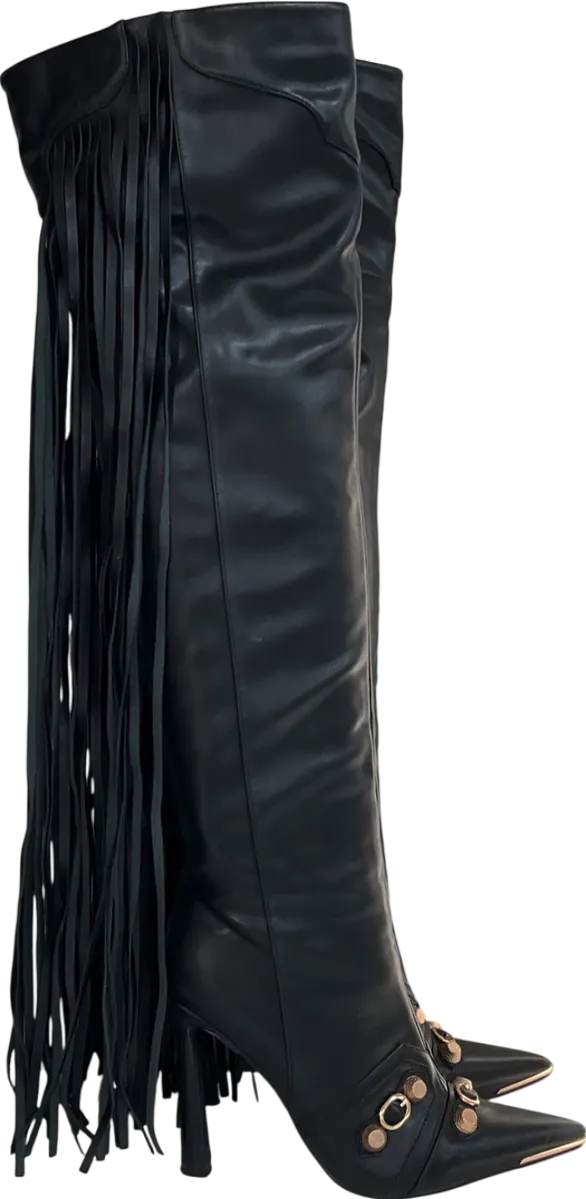 Simmi London Gethin Black Fringe Studded Knee High Boots UK 9 EU 42 👠