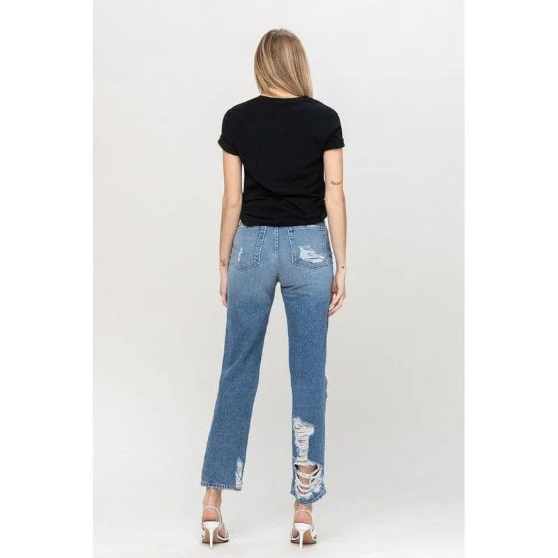 Super high rise tattered ankle straight