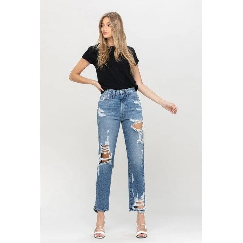 Super high rise tattered ankle straight