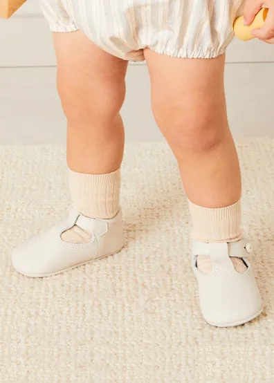 T-Bar Leather Pram Shoes in Ivory (17-20EU)