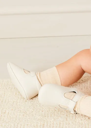 T-Bar Leather Pram Shoes in Ivory (17-20EU)