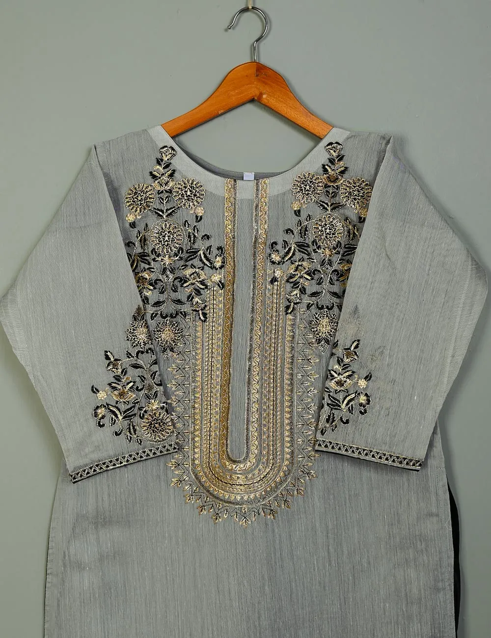 T20-040D-Grey - Equinox - Semi Formal Paper Cotton Fabric Embroidered Stitched Kurti