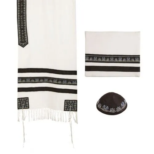 Tallit - Embroidered   Embroidered Stripe - Black