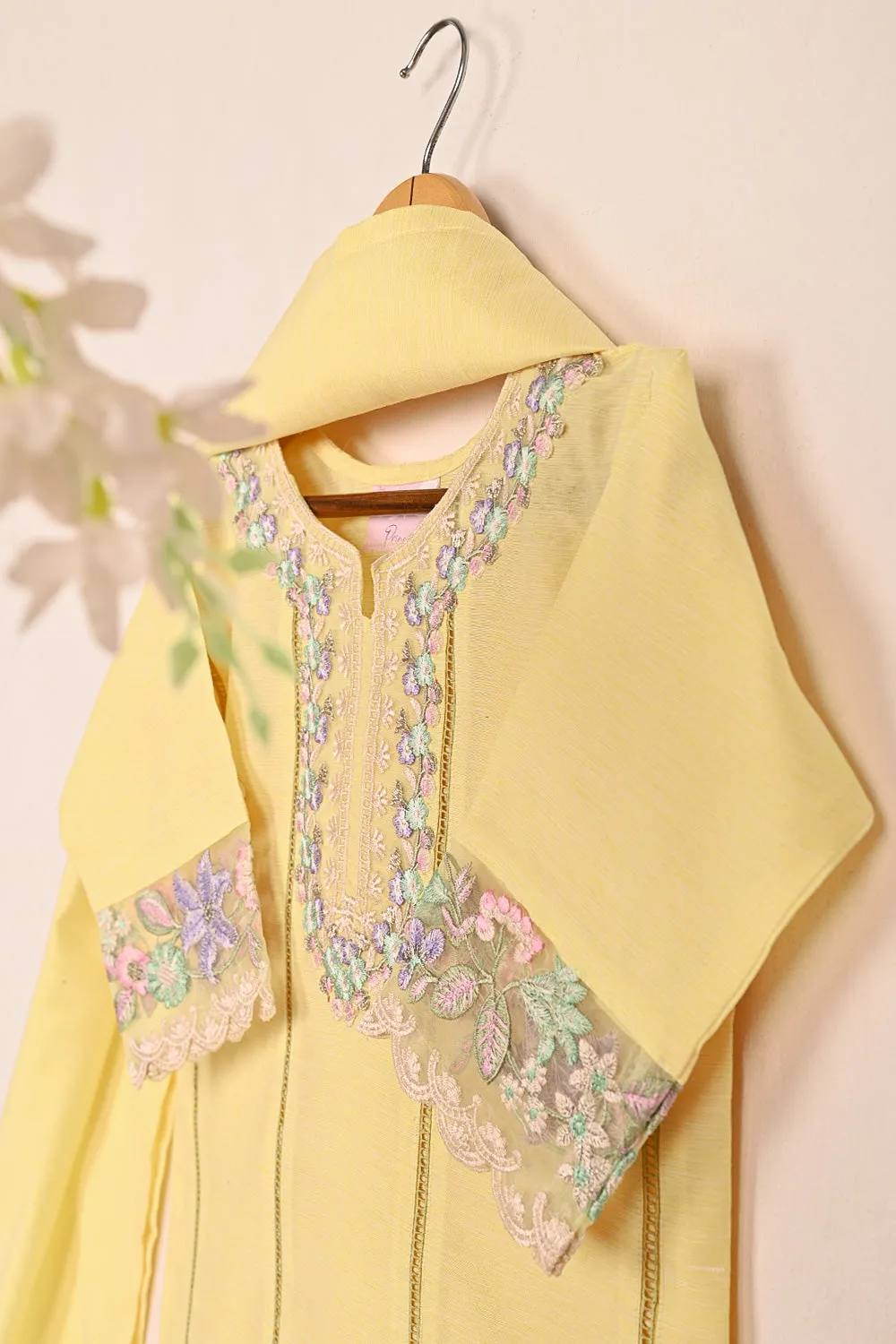 TKF-183-Yellow - Kids 3Pc Ready to Wear Paper Cotton Embroidered Formal Dress