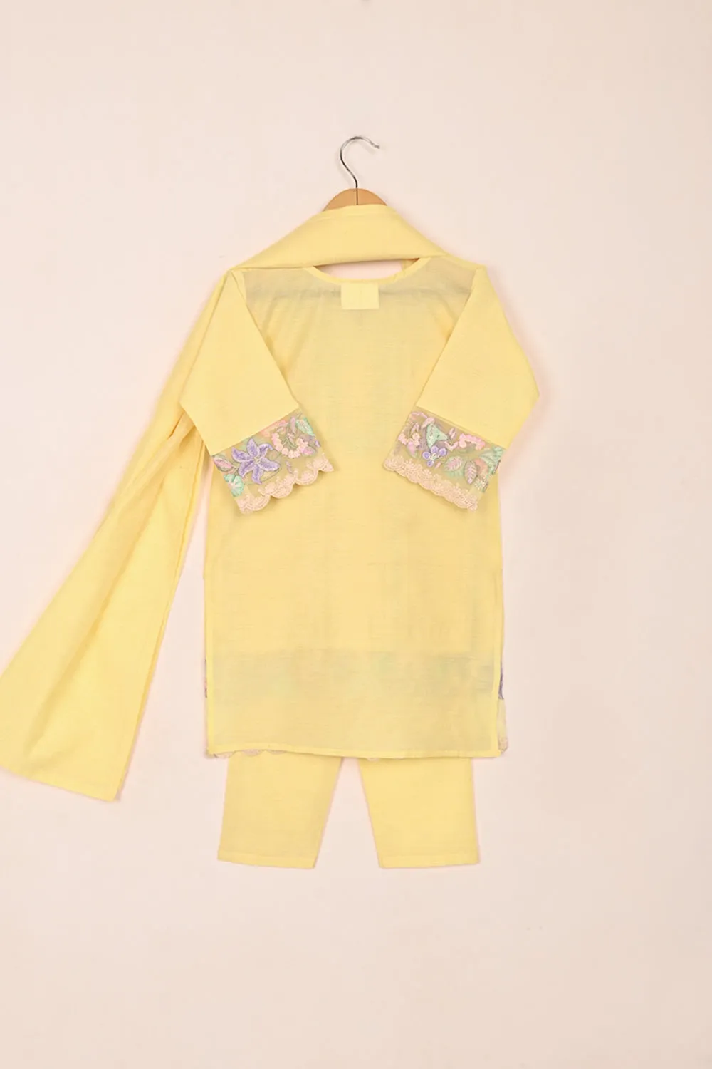 TKF-183-Yellow - Kids 3Pc Ready to Wear Paper Cotton Embroidered Formal Dress
