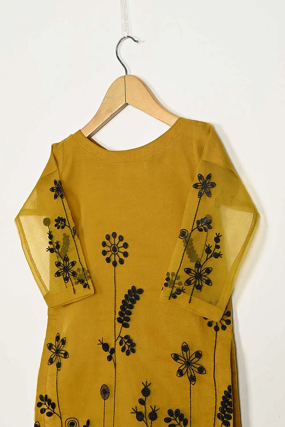 TKF-82-Mustard - Kids 3Pc Organza Formal Embroidered Dress With Malai Trouser