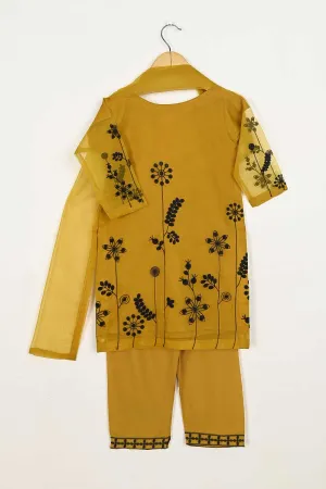 TKF-82-Mustard - Kids 3Pc Organza Formal Embroidered Dress With Malai Trouser