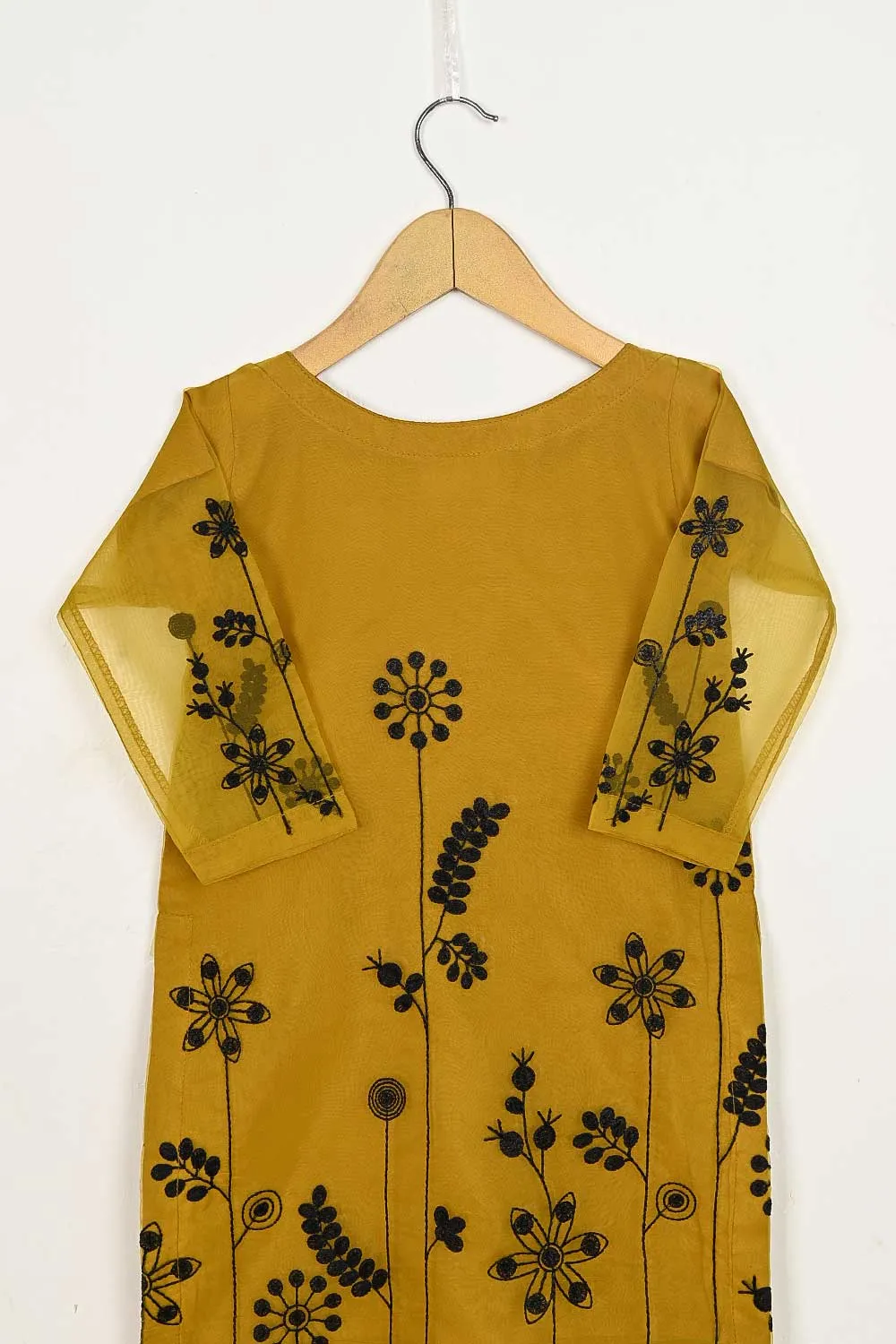 TKF-82-Mustard - Kids 3Pc Organza Formal Embroidered Dress With Malai Trouser