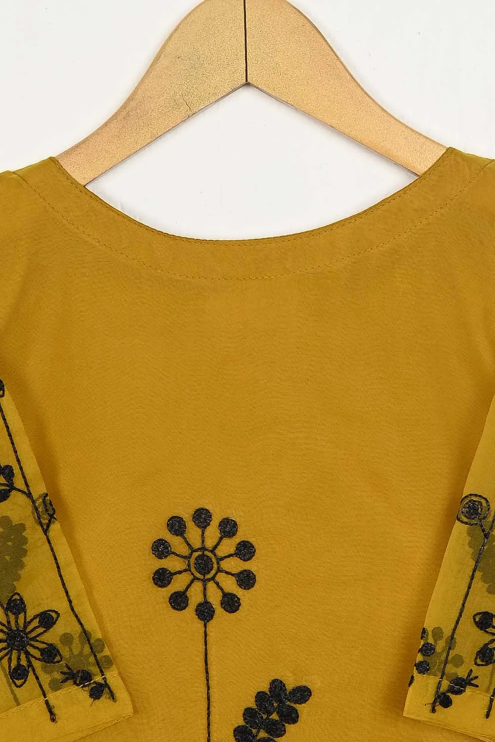 TKF-82-Mustard - Kids 3Pc Organza Formal Embroidered Dress With Malai Trouser
