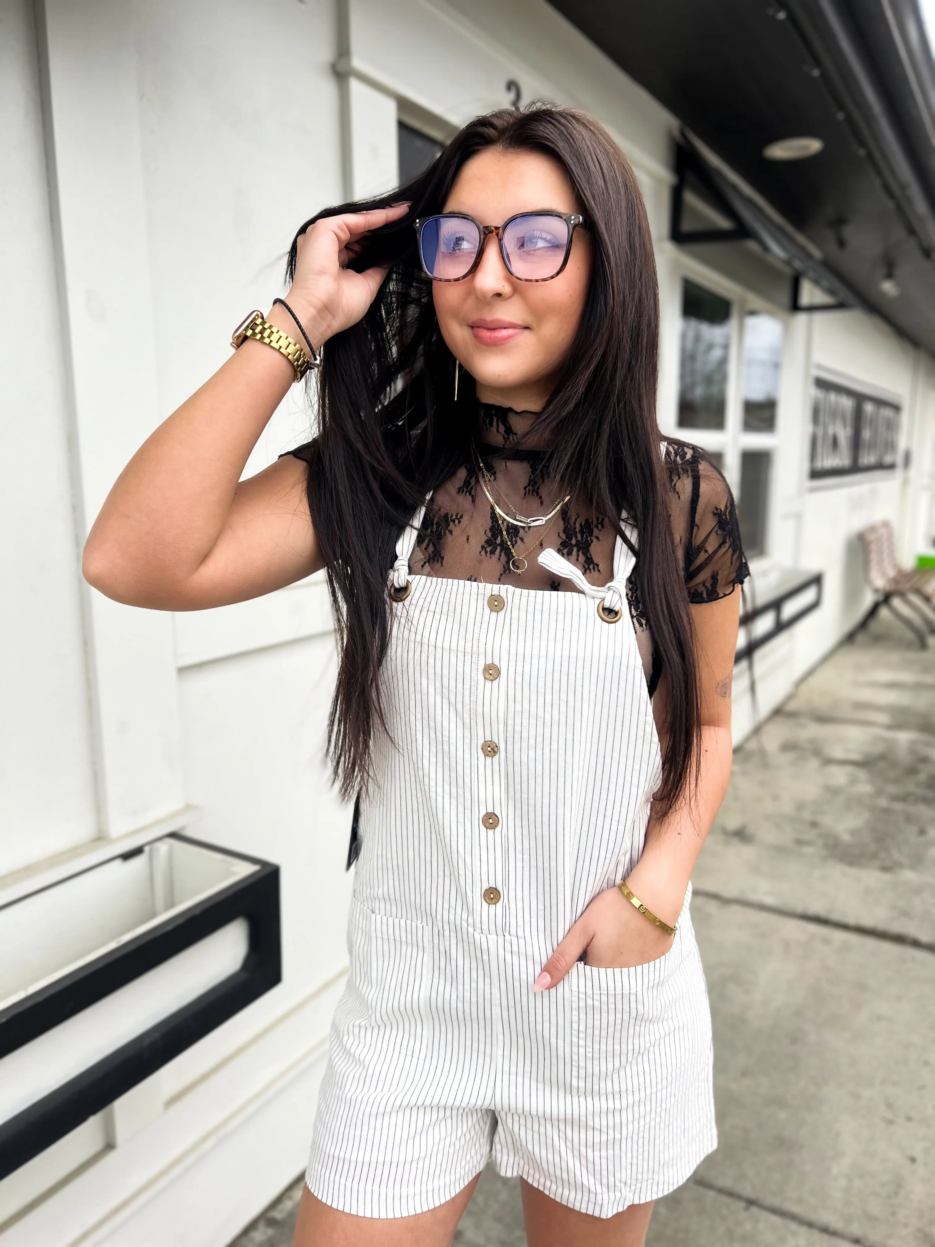 Tristan Stripe Button Down Romper- Off White