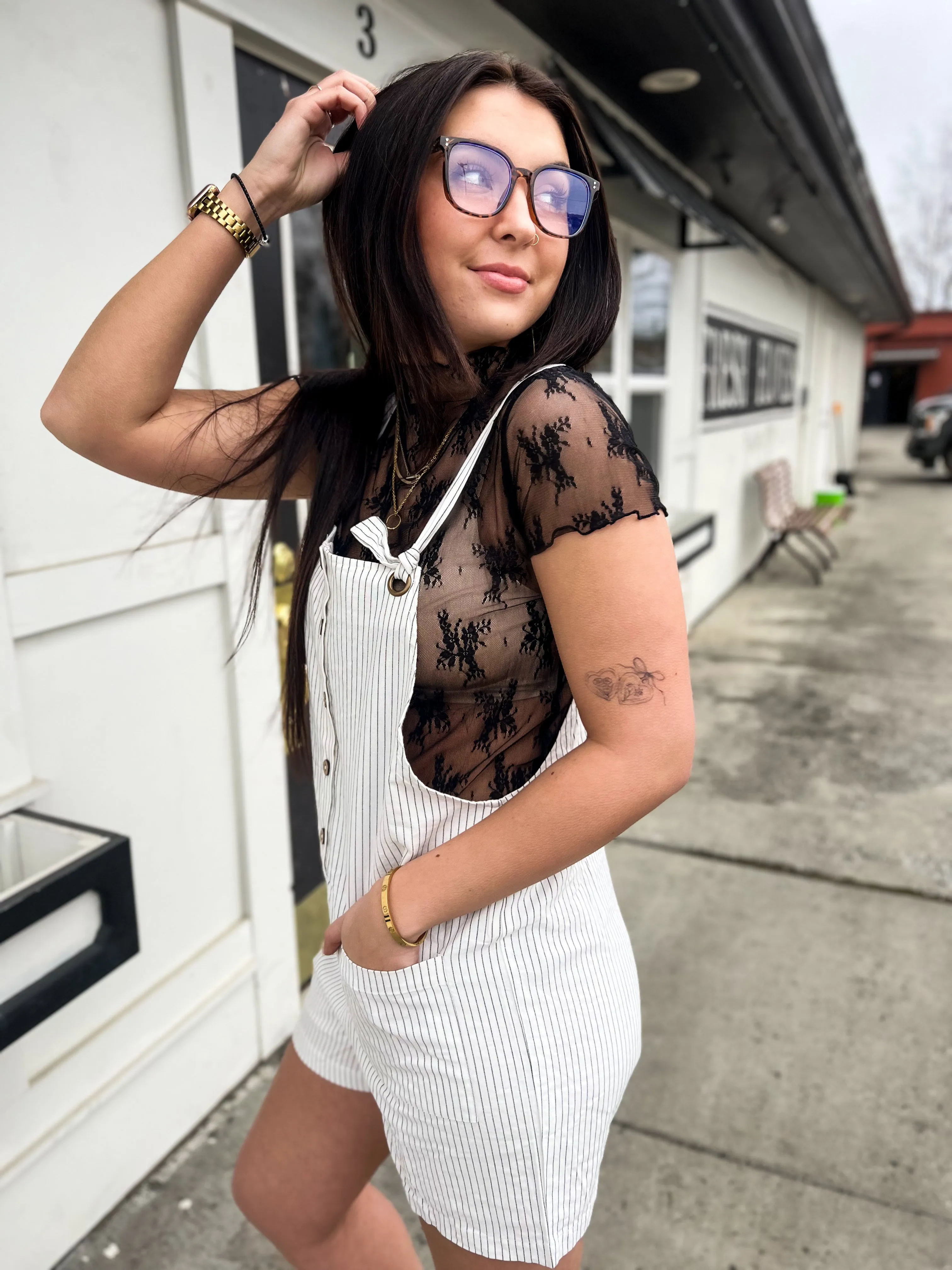 Tristan Stripe Button Down Romper- Off White