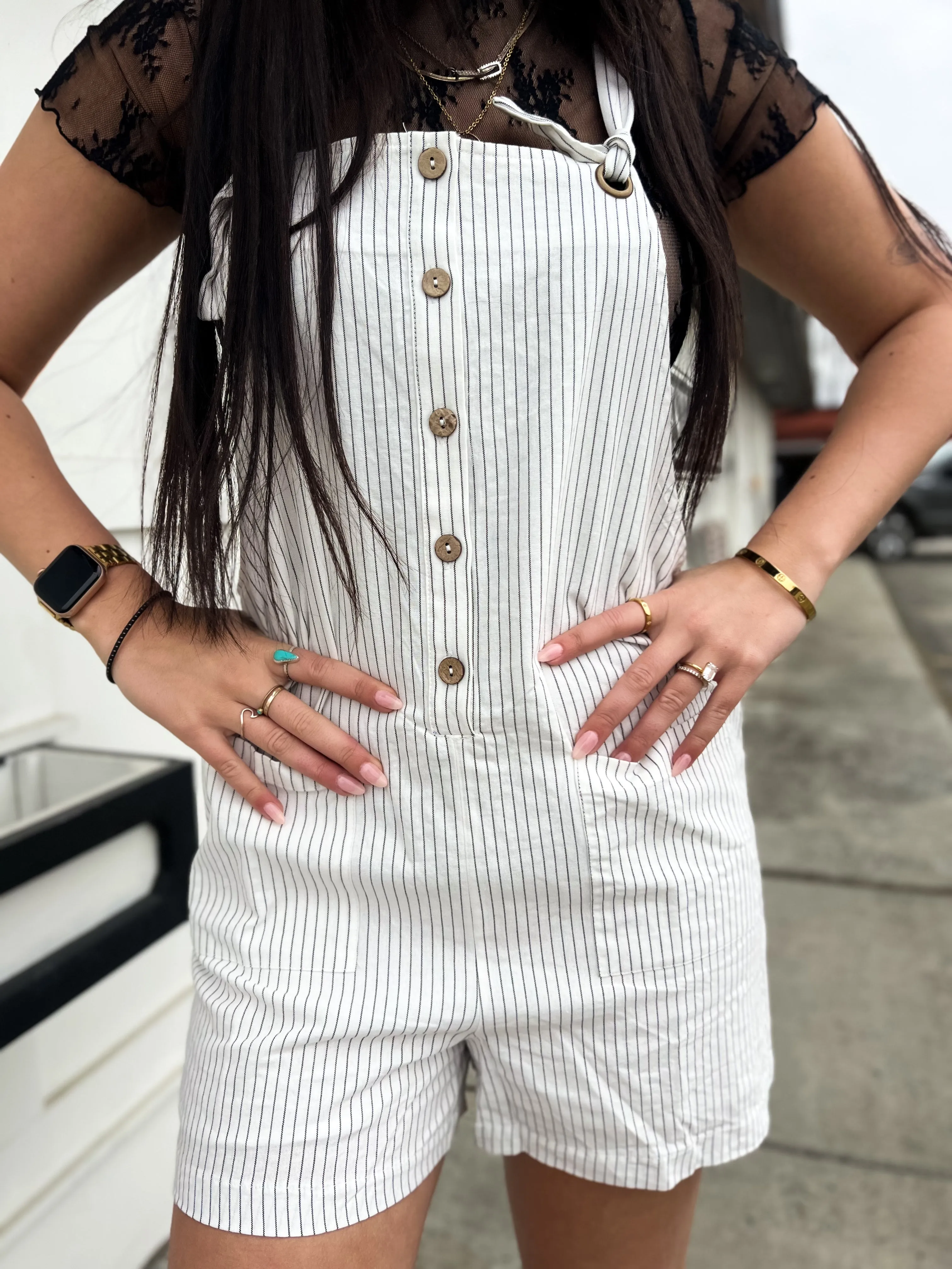Tristan Stripe Button Down Romper- Off White