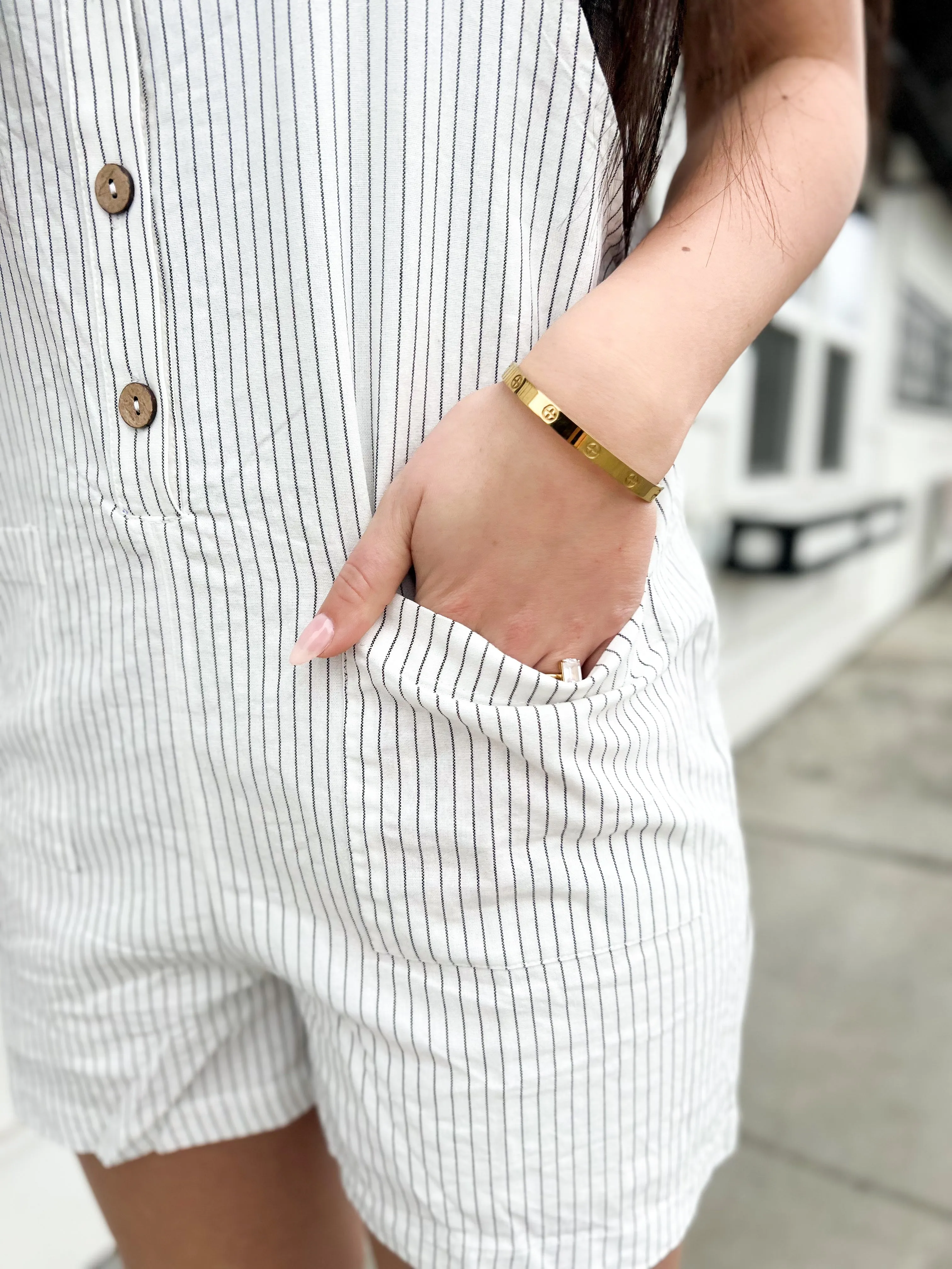 Tristan Stripe Button Down Romper- Off White