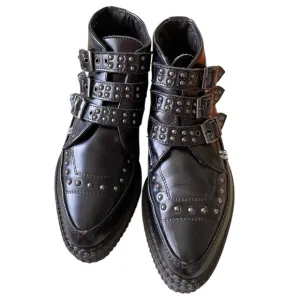 T.U.K. Black 3 Buckle Silver Studded Pointed Toe Creepers 1.5” Platform