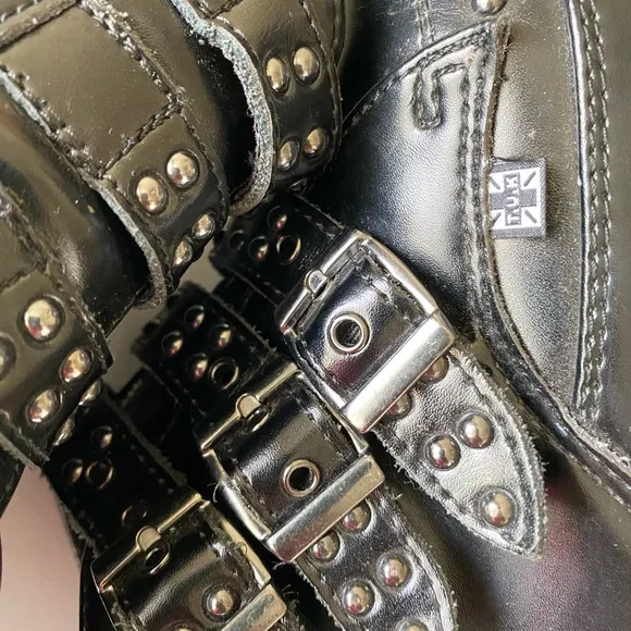 T.U.K. Black 3 Buckle Silver Studded Pointed Toe Creepers 1.5” Platform