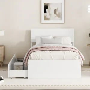 Twin Size Wood Bed Frame with Drawers Wooden Platform Headboard and
