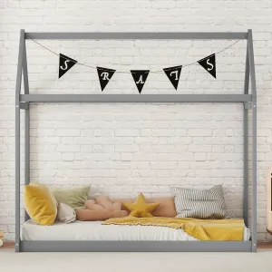 Twin Size Wood House Floor Bed Wooden Frame with Roof Playhouse for