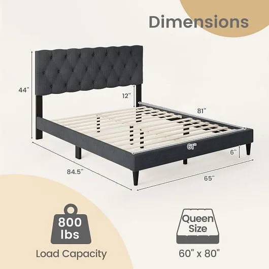 Upholstered Platform Bed with Tufted Headboard and Wooden Slats Gray-Queen Size